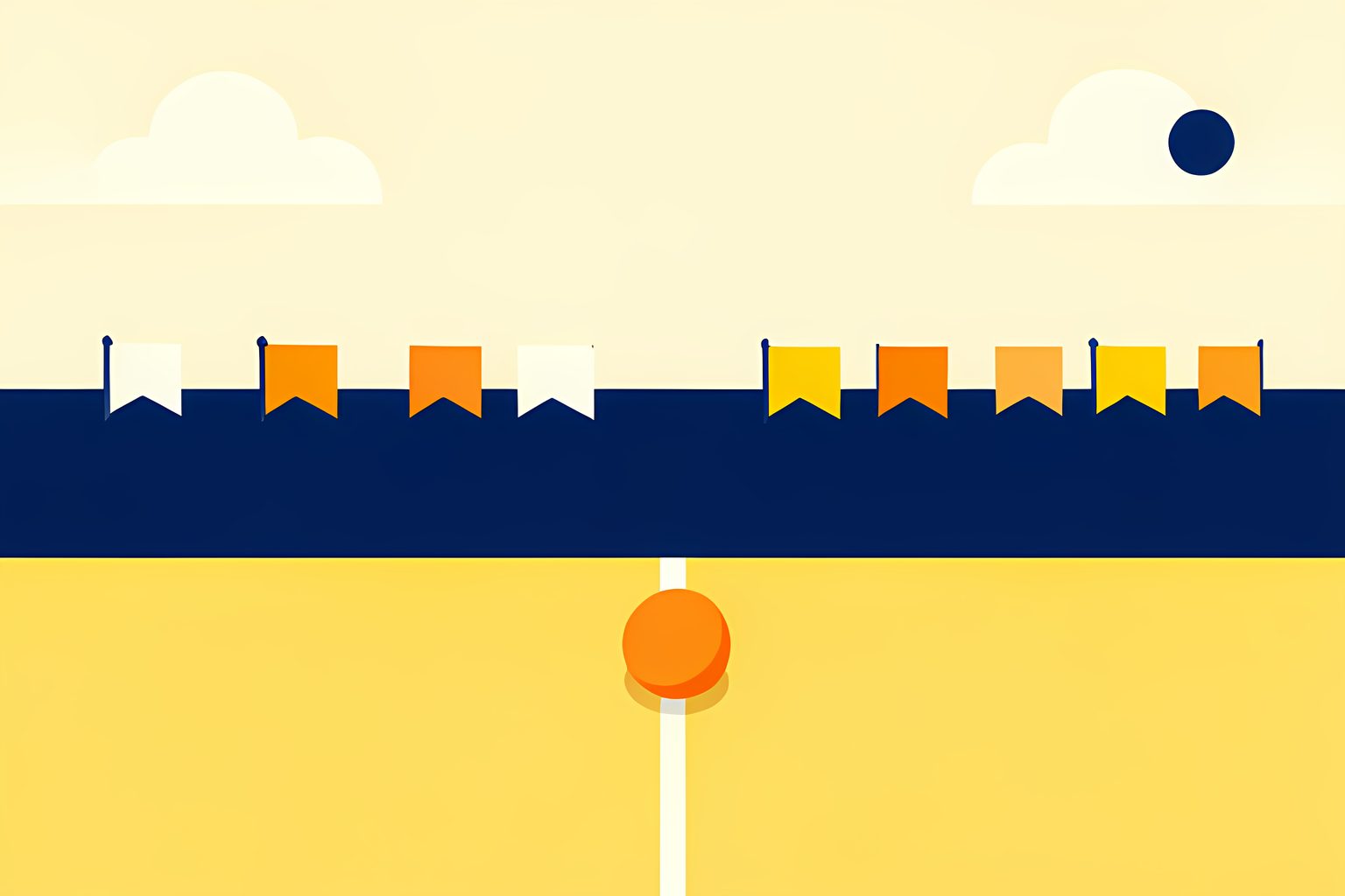 A sunny, text-free view across a generic green football pitch toward eight small blank pennant shapes, with a bright orange ball resting on the center line and no people or logos.