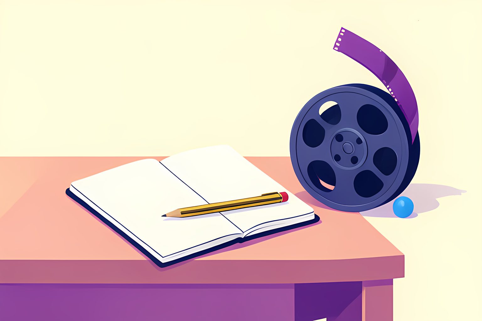A vector editorial illustration showing a classic 35mm film reel sitting on a table alongside a notepad with a pencil resting across it.