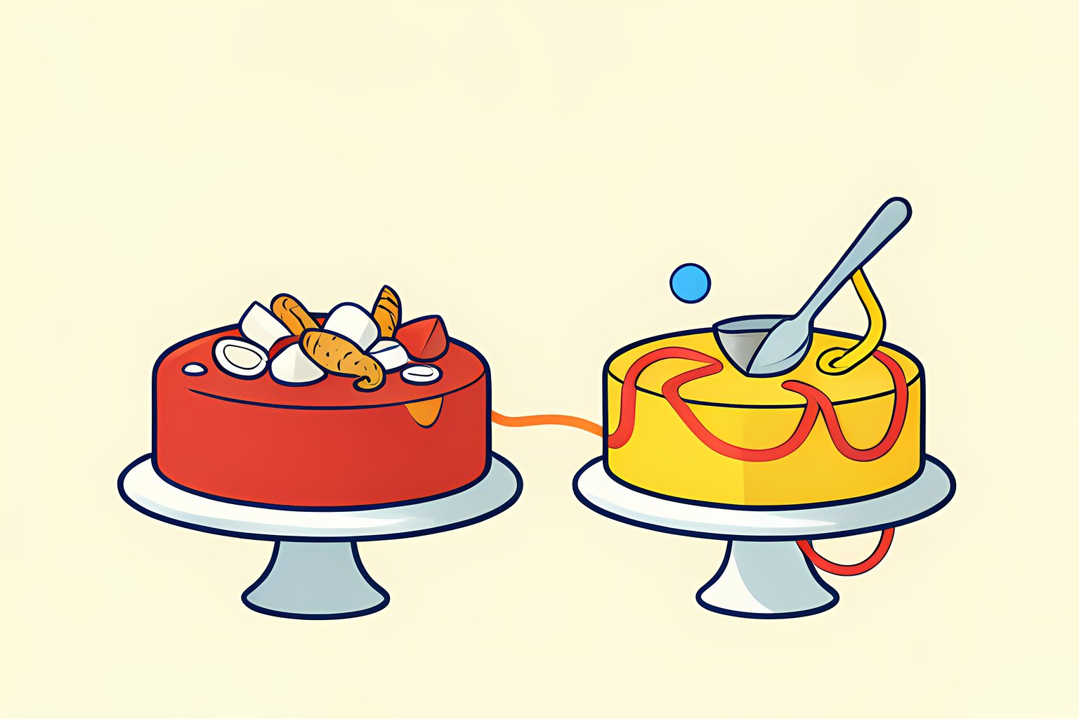 A bright, stylized person-free diagram-like scene comparing two blank ring cakes on simple stands, one with neat white chocolate pieces and one with a small mixing bowl and coconut curls, on warm cream.
