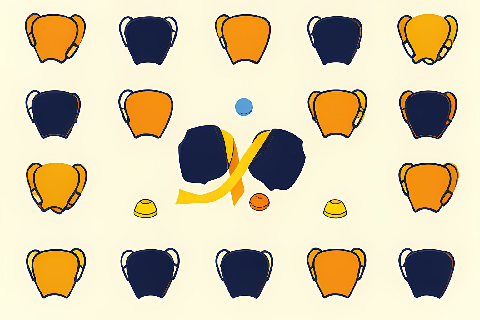 A cheerful pattern of small unmarked goalie masks fills the frame, with two masks joined by one looping golden ribbon and a tiny blue dot beside the pair.