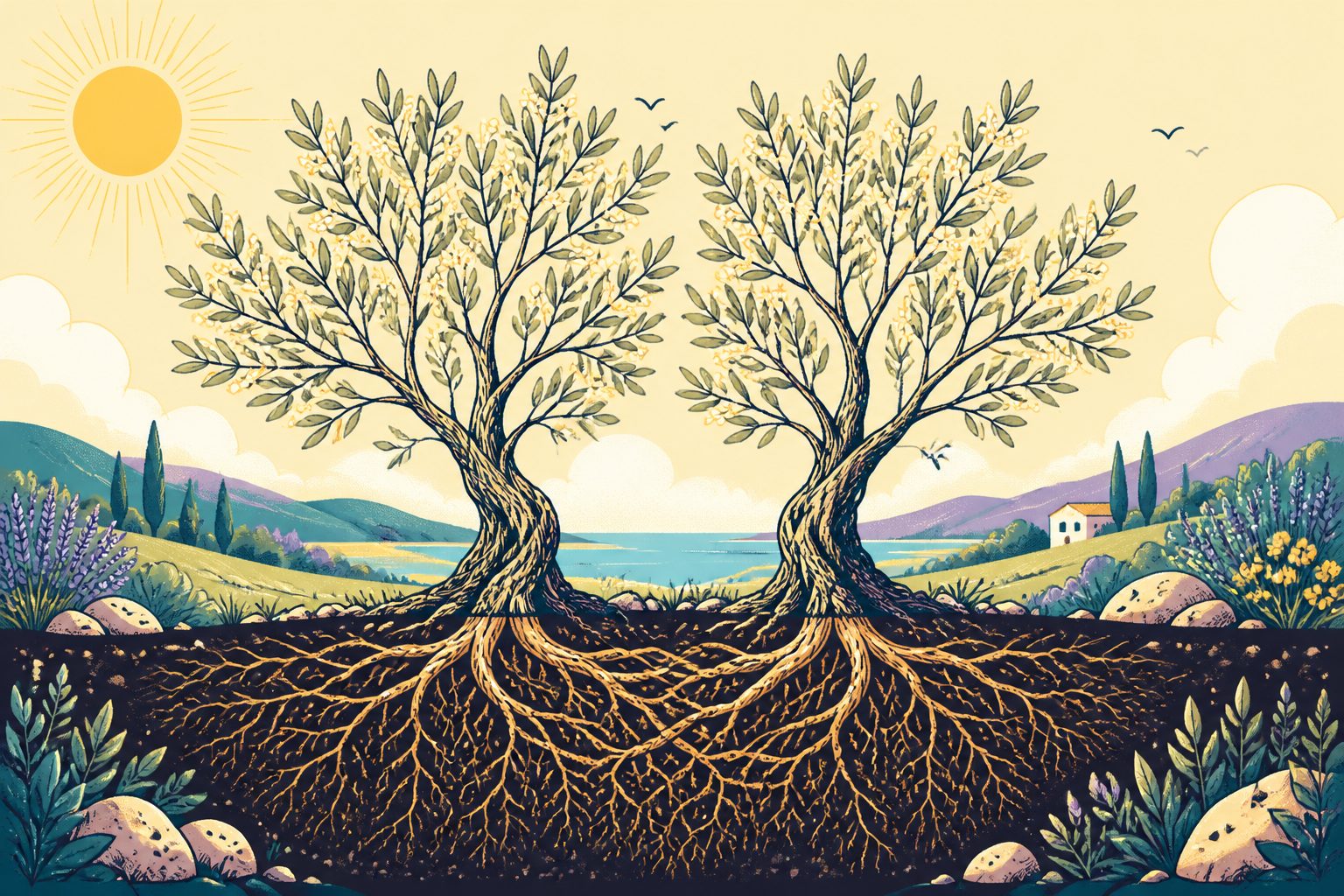 Two parallel flowering branches with distinct foliage and overlapping golden roots anchored in nutrient-rich soil under bright morning light