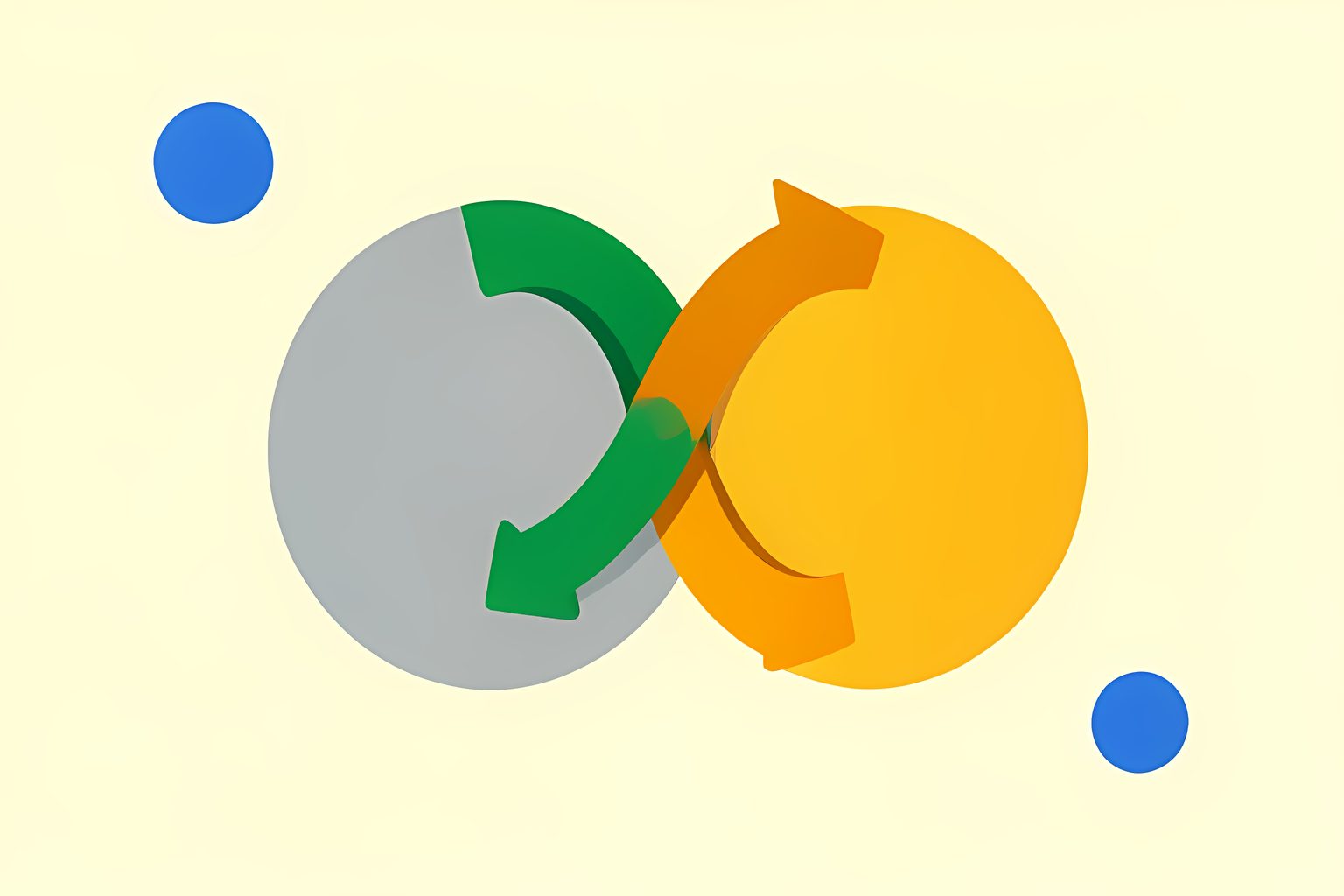 An abstract flow of forest-green and amber arrows curling from a plain gray disc into a brighter amber disc and back again, like a gentle figure-eight of money moving between two blank shapes, one tiny round blue dot, warm cream background, no labels, no people.