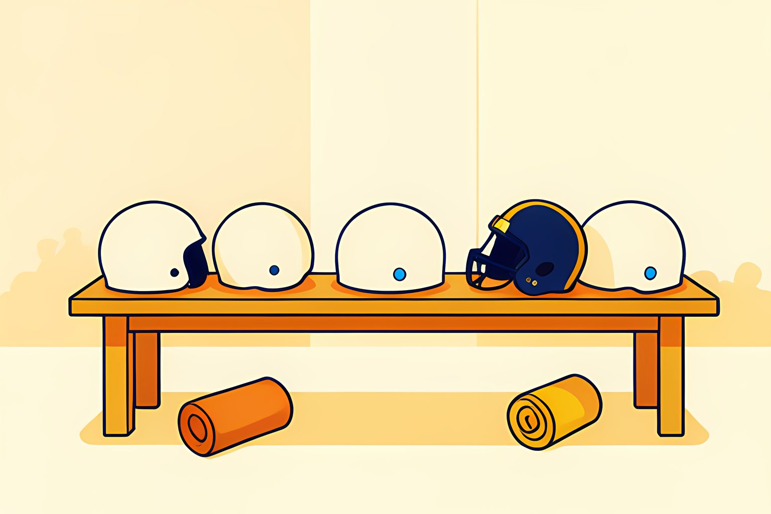 A row of plain cream football helmets on a bench in morning light, all facing forward except one that is turned sideways as if about to switch positions.