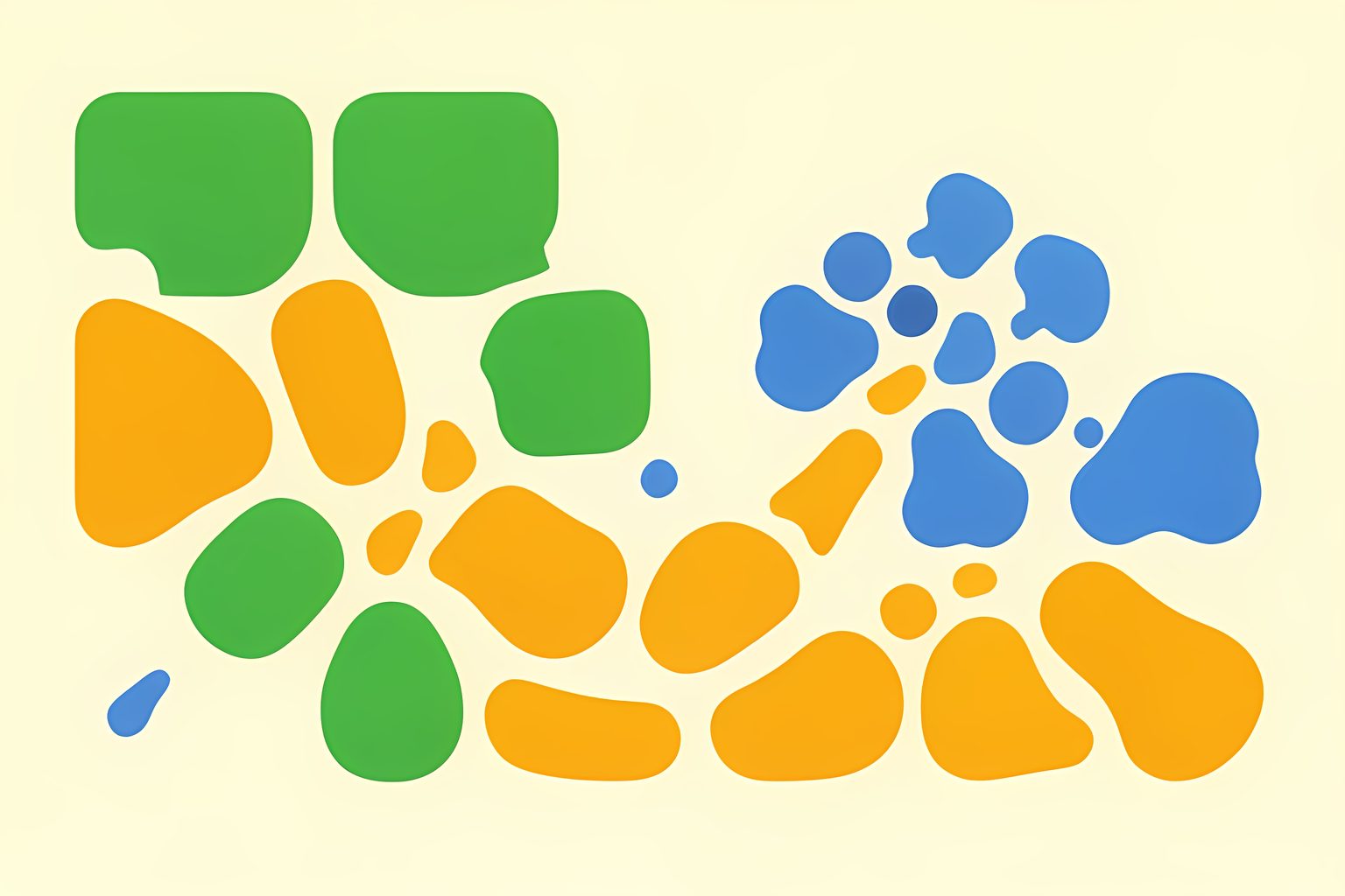 A bright, text-free, person-free abstract flow of blank forest-green tiles passing through 240 small amber slots toward a smaller cluster of blue-tinted share-shaped tiles, with a tiny round blue dot on warm cream.
