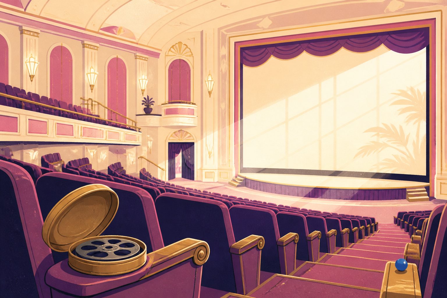 An expansive grand cinema auditorium with golden balcony lighting and a glowing wide cinema screen.
