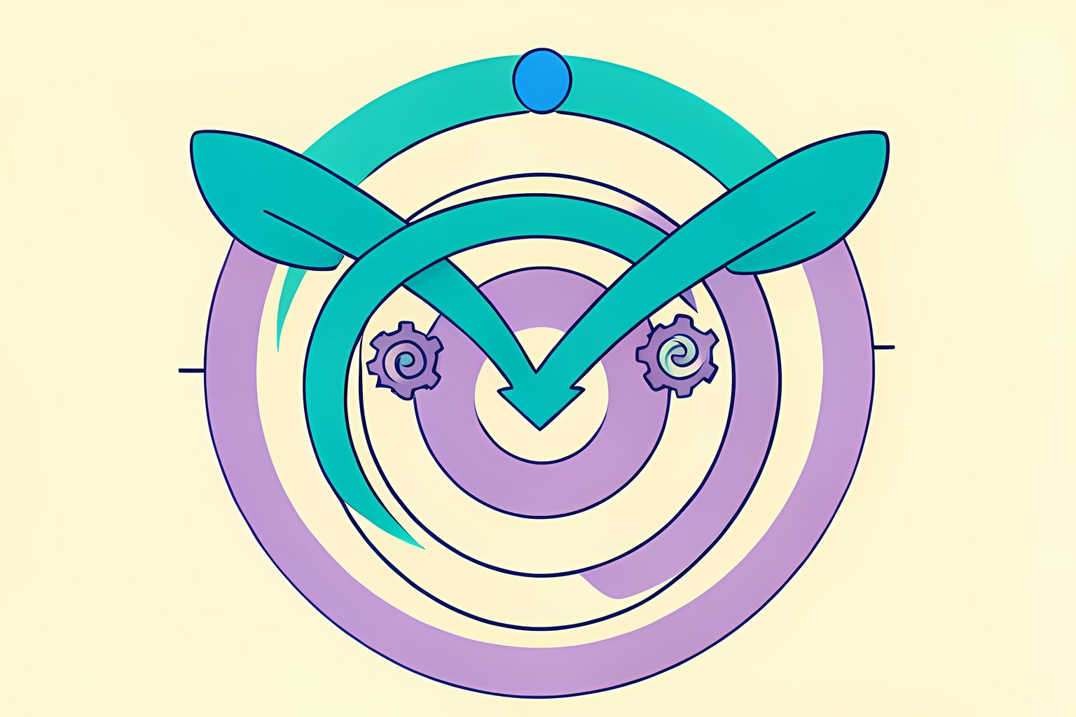 An arched crescent bow echo wave slicing across radar scan rings with an arrow indicating a descending wind corridor on warm cream with a small blue dot
