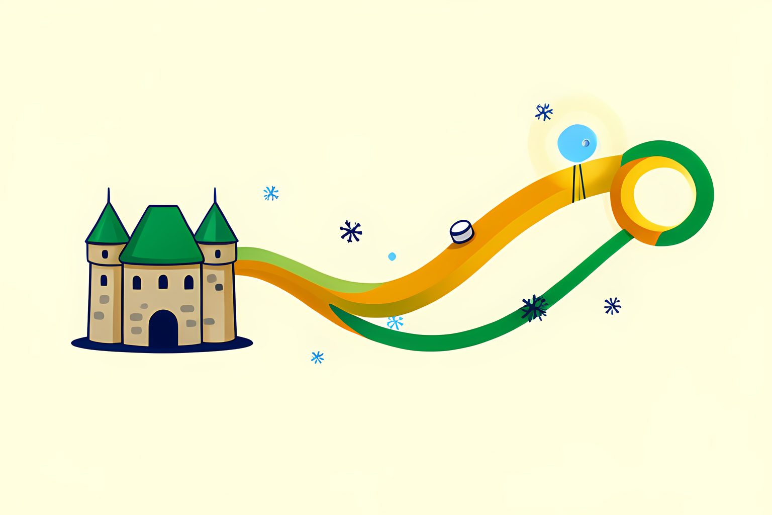 An abstract flowing diagram of soft colored ribbons running from a small turreted castle shape across a bright cream field toward round glowing receivers, with snowflakes and a tiny puck riding along.