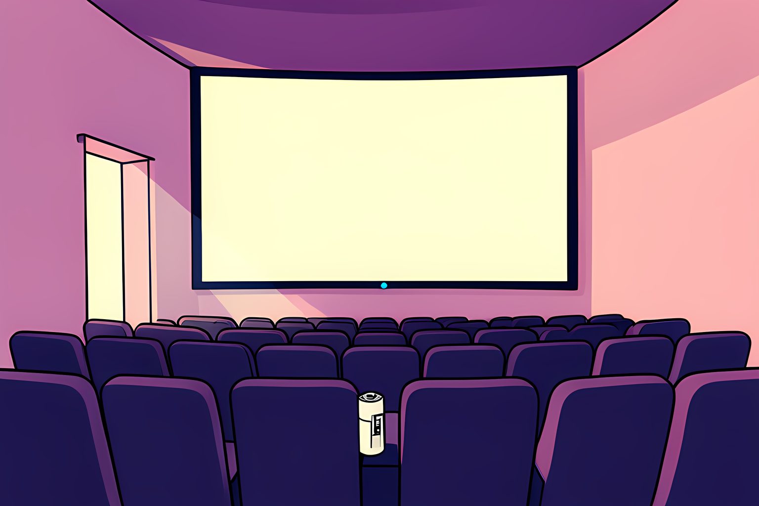 A cheerful stylized movie theater auditorium bathed in warm morning light with empty seats and a glowing screen.