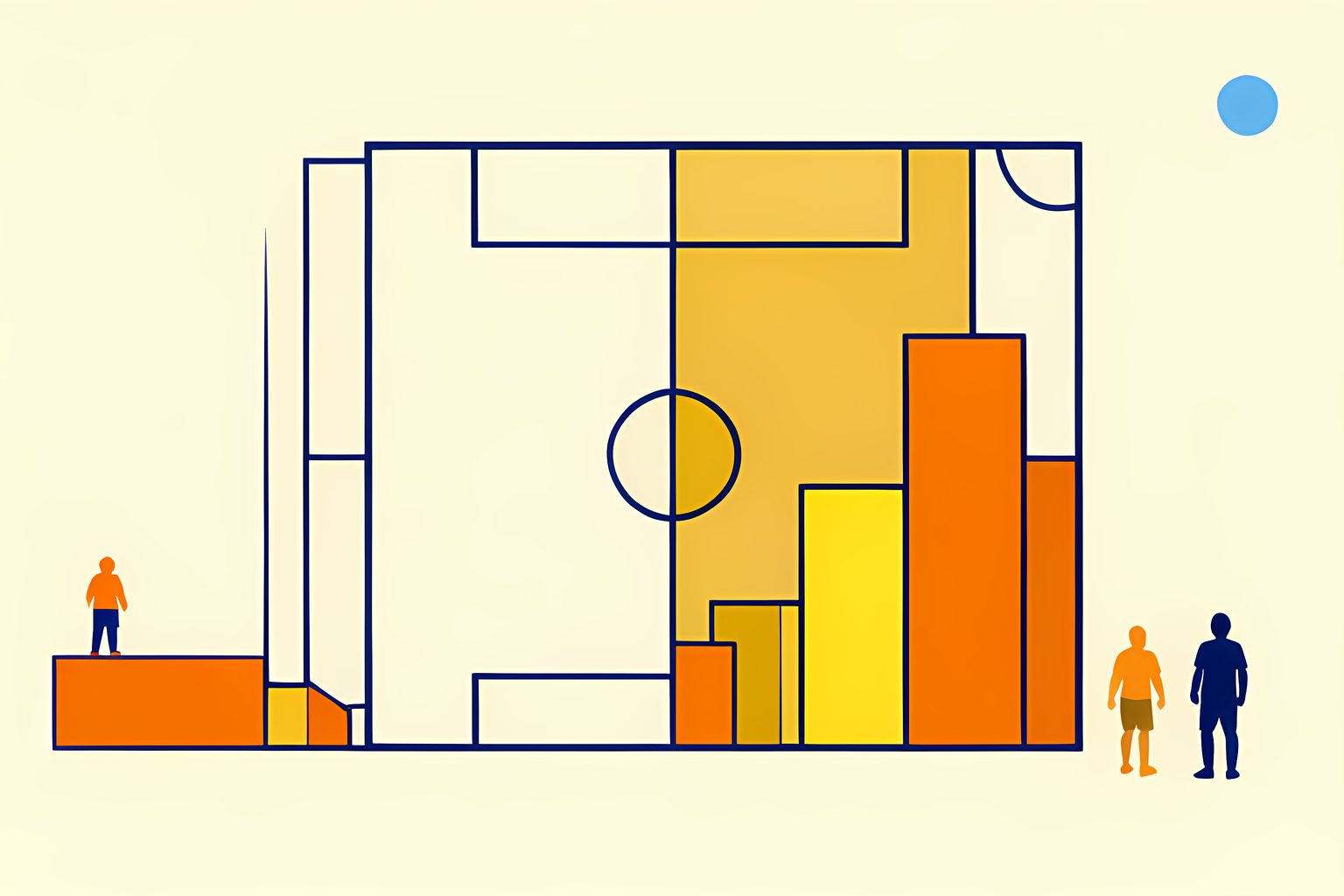 A geometric editorial diagram illustrating soccer tactical pitch movements and ranking point flow charts on a warm cream background