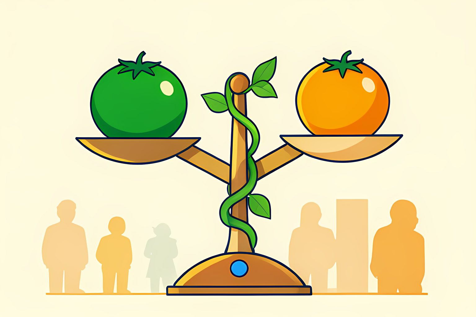 A stylized balance scale of geometric discs and glowing green tomato shapes in morning light with a small blue dot