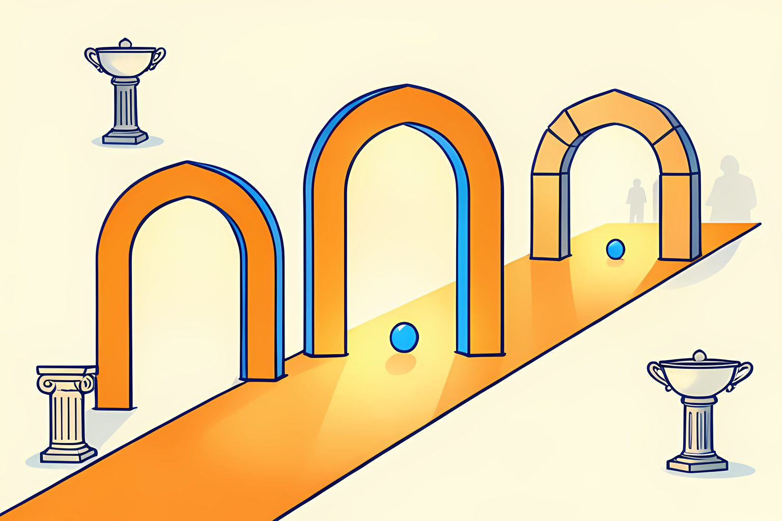A bright stylized geometric illustration of three rising classical archways and balanced scale pedestals along a glowing morning path on warm cream with a small blue dot