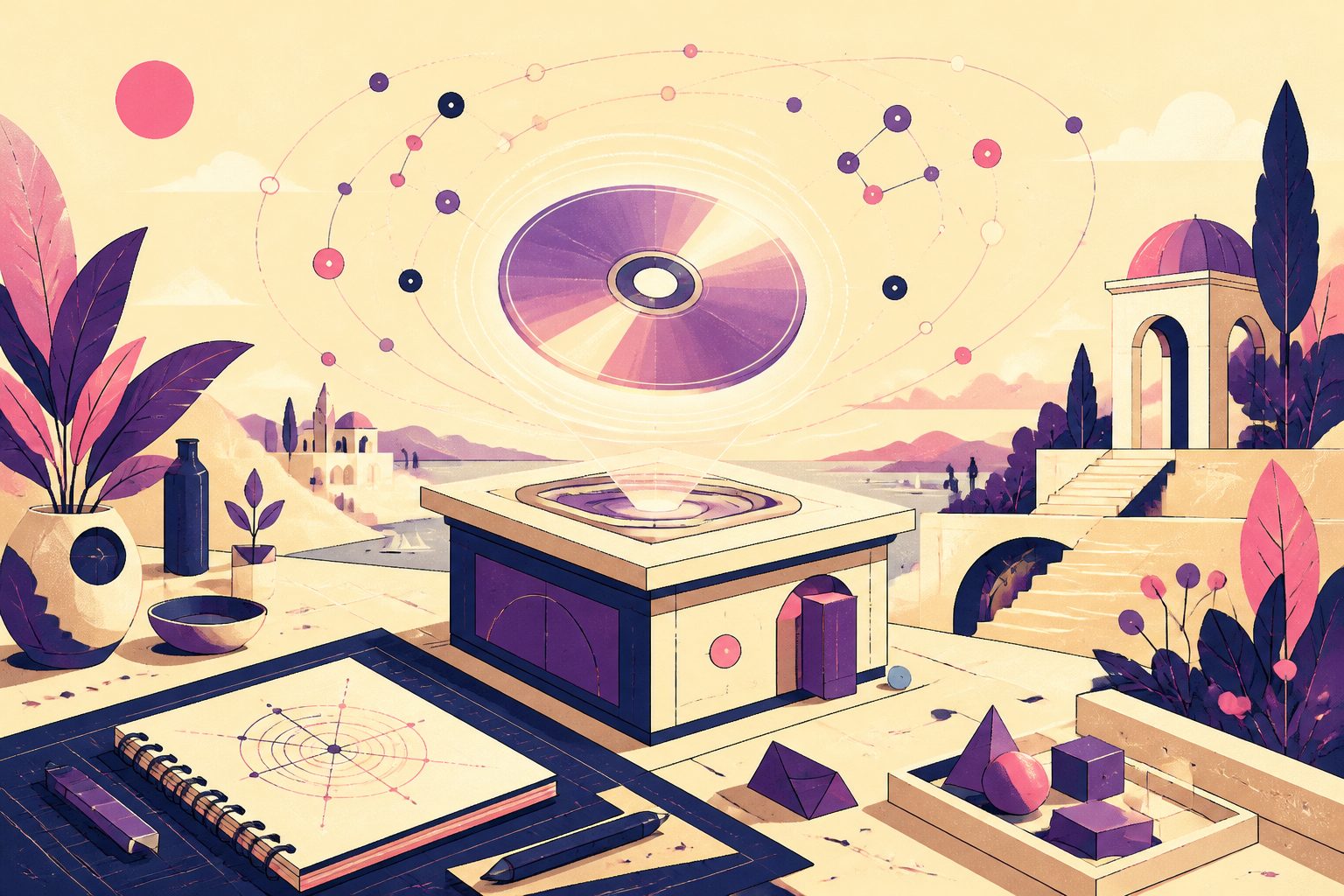 A stylized glowing optical game disc resting beside a modern geometric console on a warm wooden tabletop under morning light