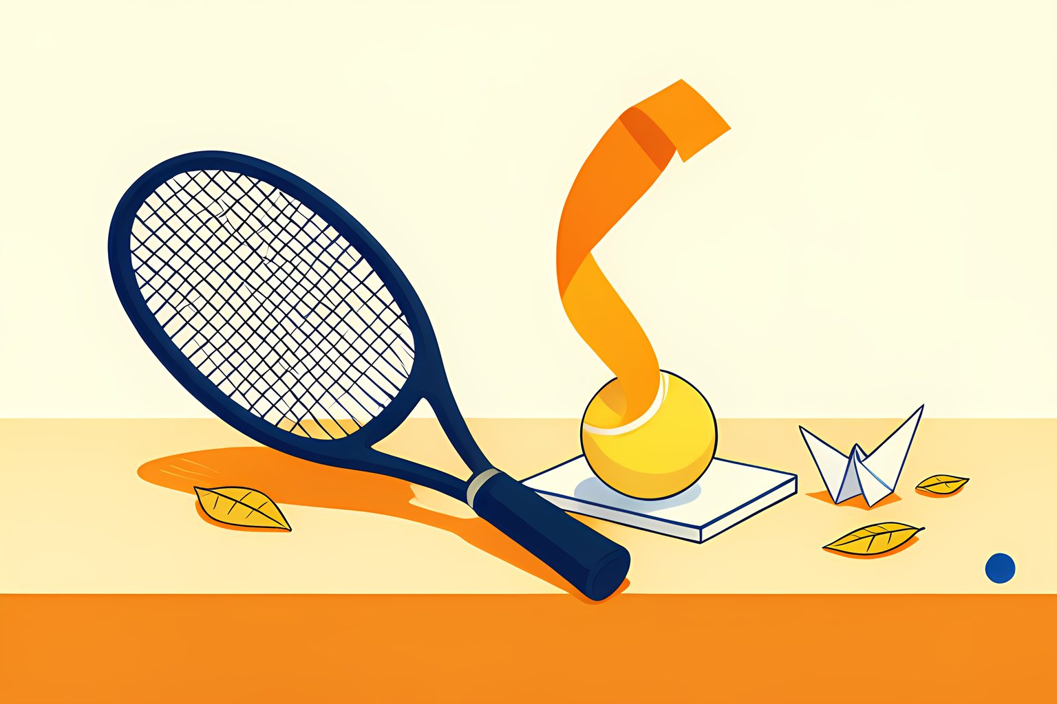 A warm text-free editorial still life of a tennis ball leaving a curved spinning trail above a blank racquet on a small table, with a folded paper crane and a tiny blue dot.