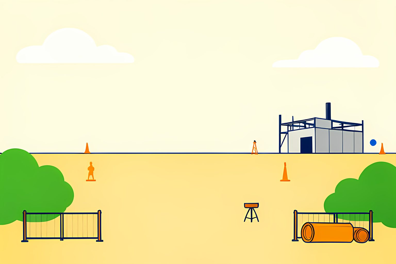 A wide, sunny view of a mostly empty stretch of flat land with a single half-built factory shell under a big warm sky, drawn in flat ink-navy outlines with forest-green and amber accents.