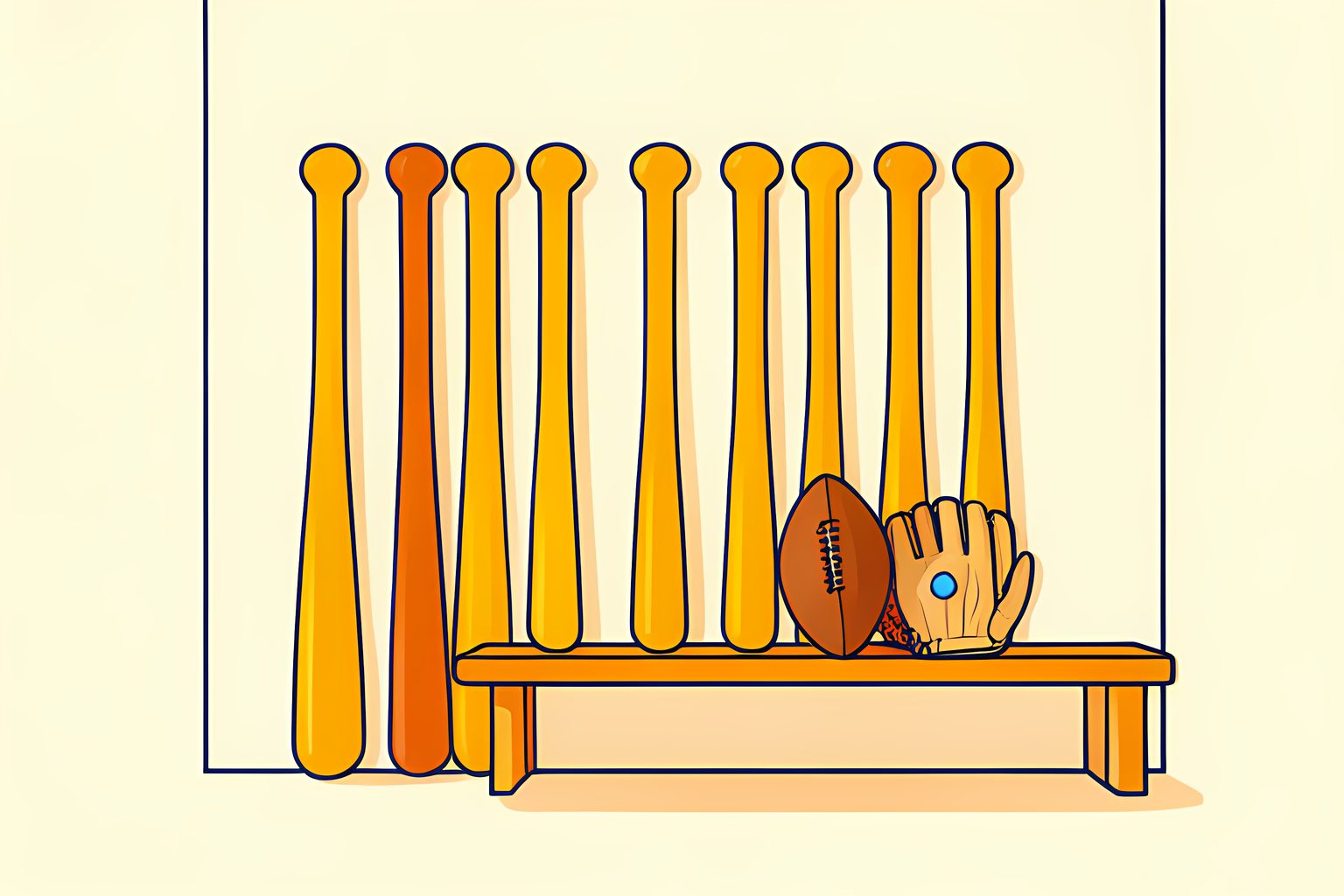 A row of identical baseball bats leaning against a sunny dugout wall, with one football tucked in among them.