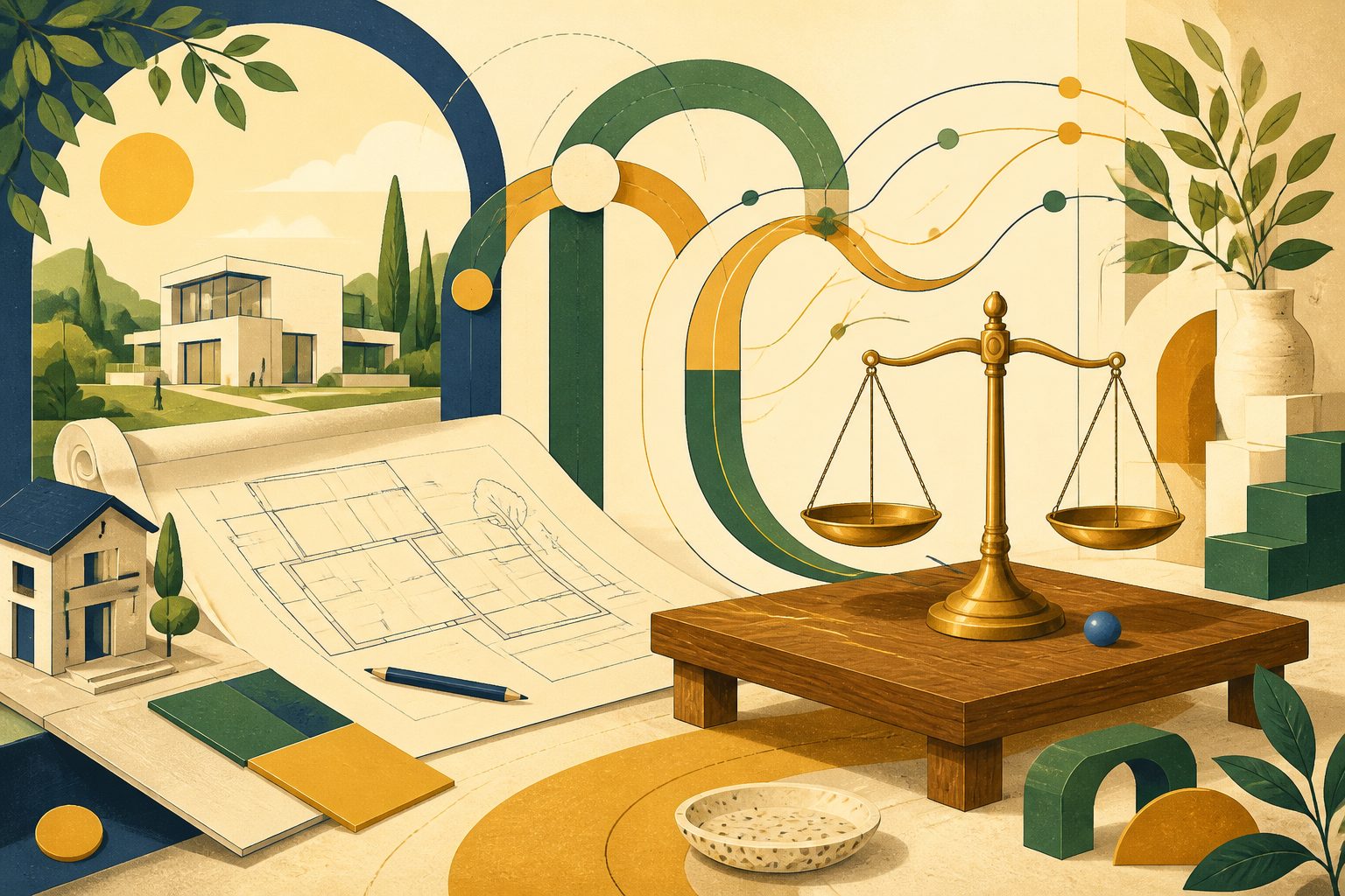 A stylized editorial diagram on warm cream showing intersecting amber and forest green arches connecting a sunlit architectural blueprint to a brass balancing scale, with a small round blue dot tucked near the base.