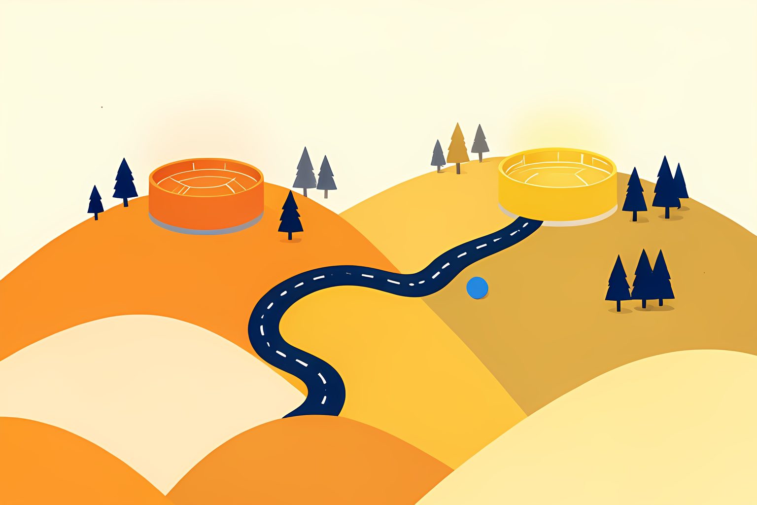 A stylized mountain highway connecting two glowing stadium silhouettes across green hills.