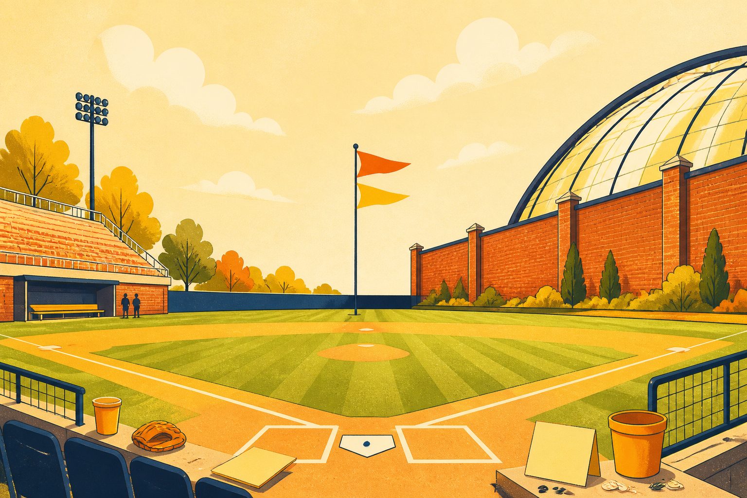 A wide stylized baseball diamond scene with two cheerful mascot birds soaring above golden-yellow grandstands under a warm morning sky