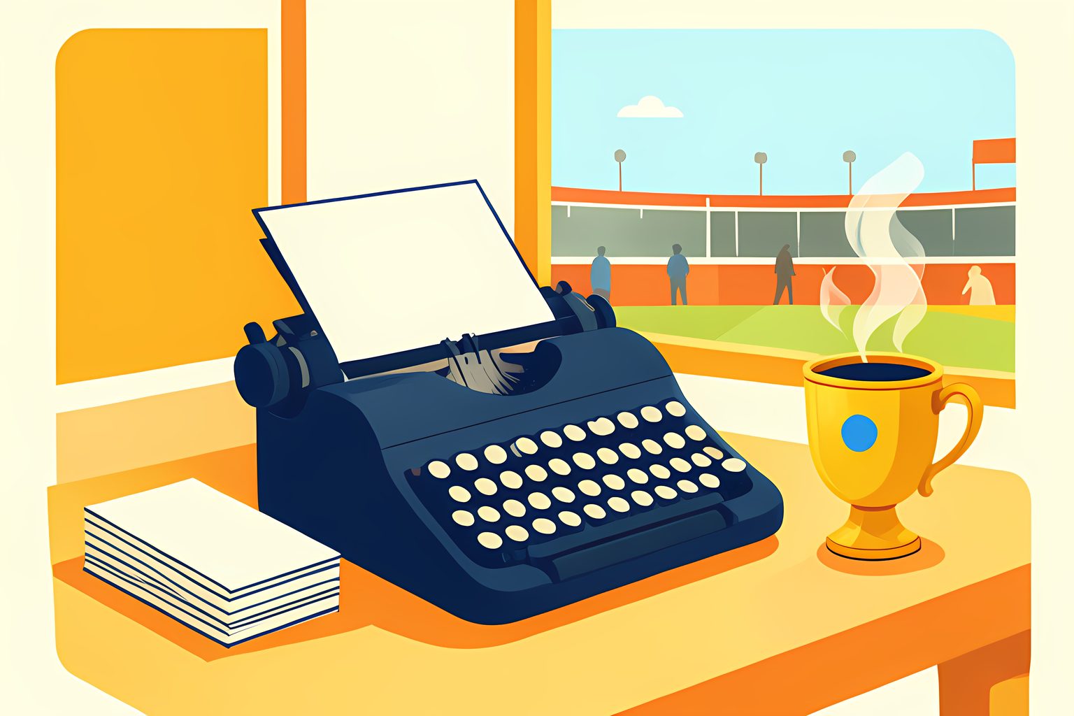 A vintage typewriter on a sunny wooden desk beside a neat stack of blank index cards and a small brass trophy, with a window looking out over a distant stadium.