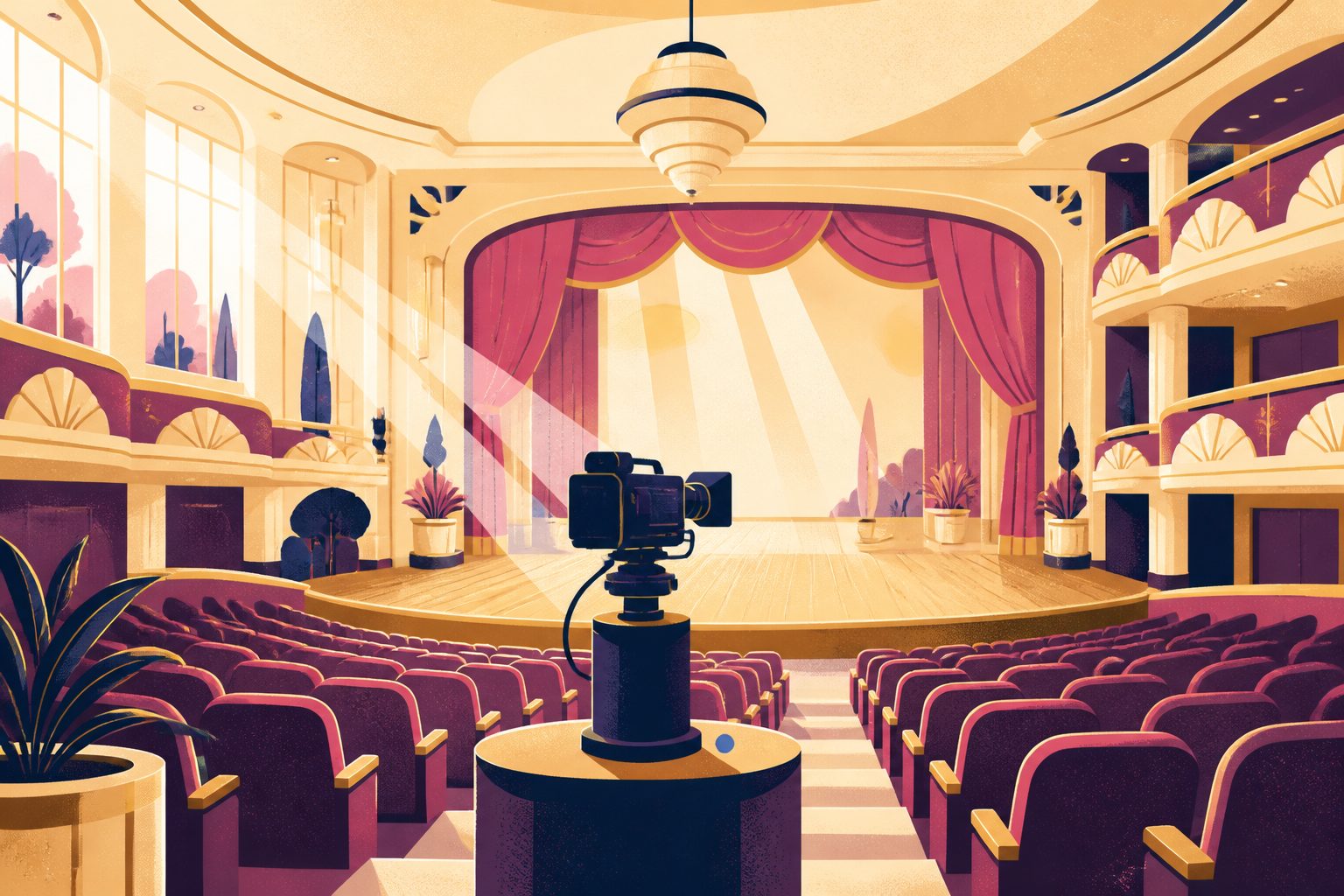 A stylized sunlit art-deco theater hall with curving balconies and a glowing broadcast camera perched before an illuminated stage.