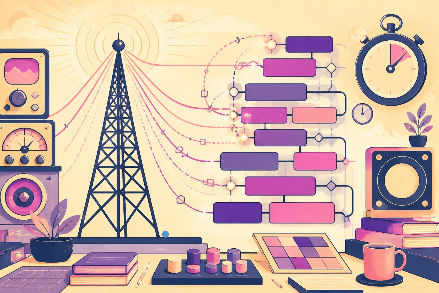 Stylized broadcast transmission tower and glowing geometric timeline blocks flowing across clean studio tracks on a warm cream background.