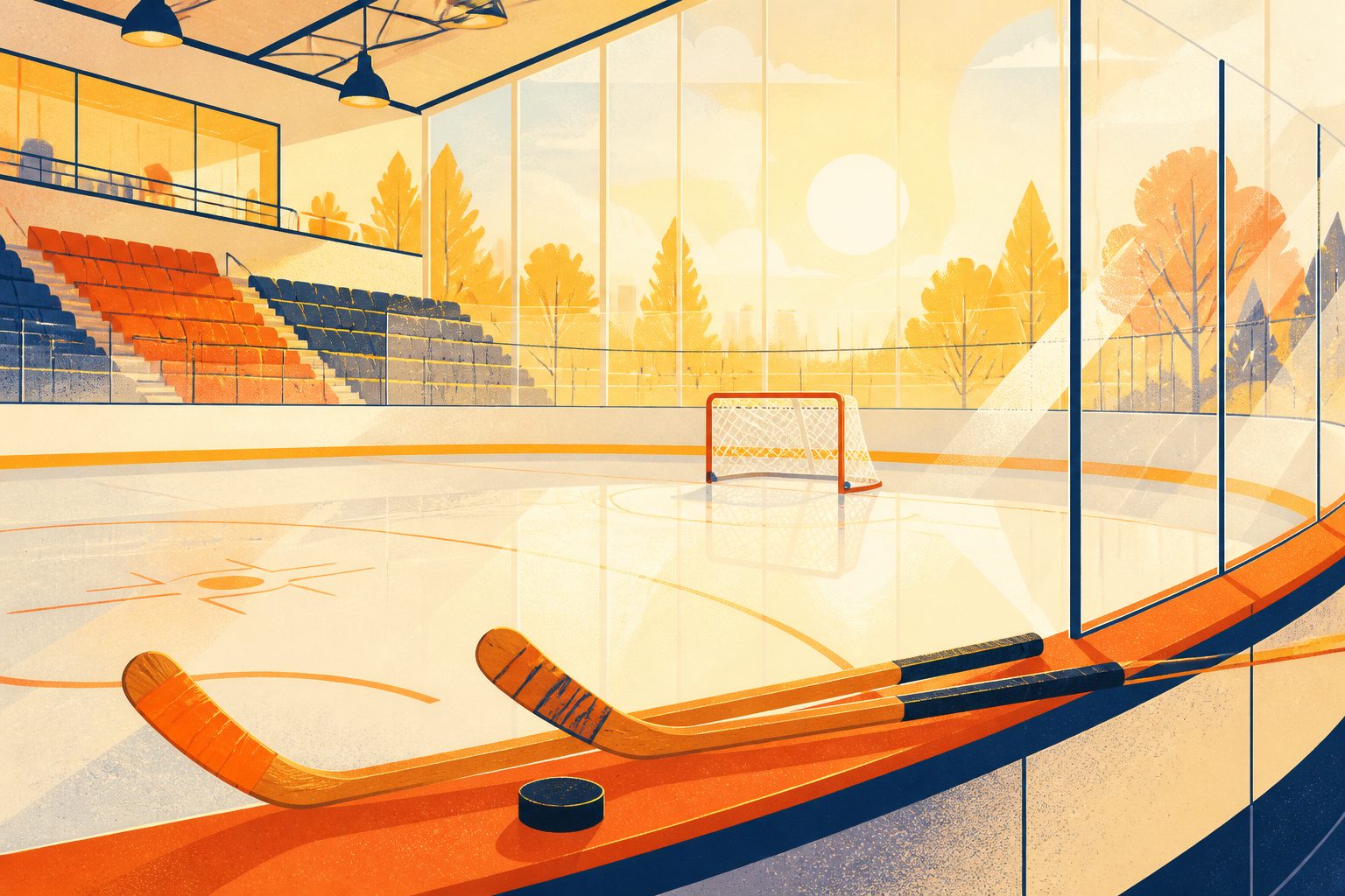 A sunlit hockey rink with wooden sticks and a rubber puck resting beside the crease on cream ice