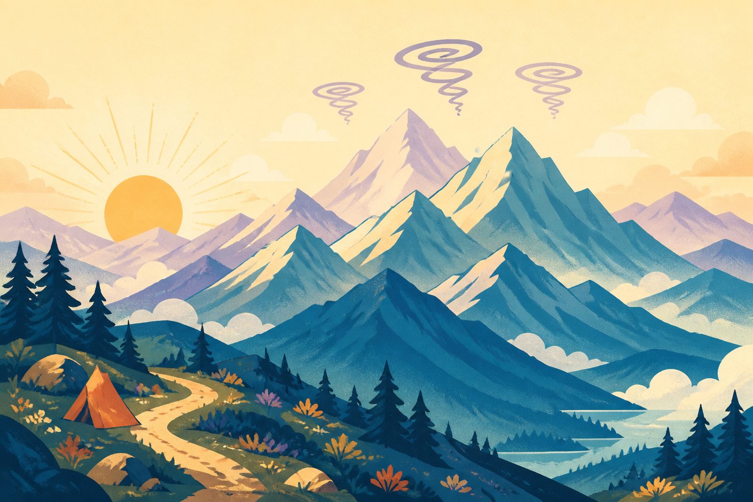 A warm, stylized illustrated mountain range at sunrise, layered ridgelines in navy and teal with a few gentle spiral funnel shapes hovering above the distant peaks, no labels or text.