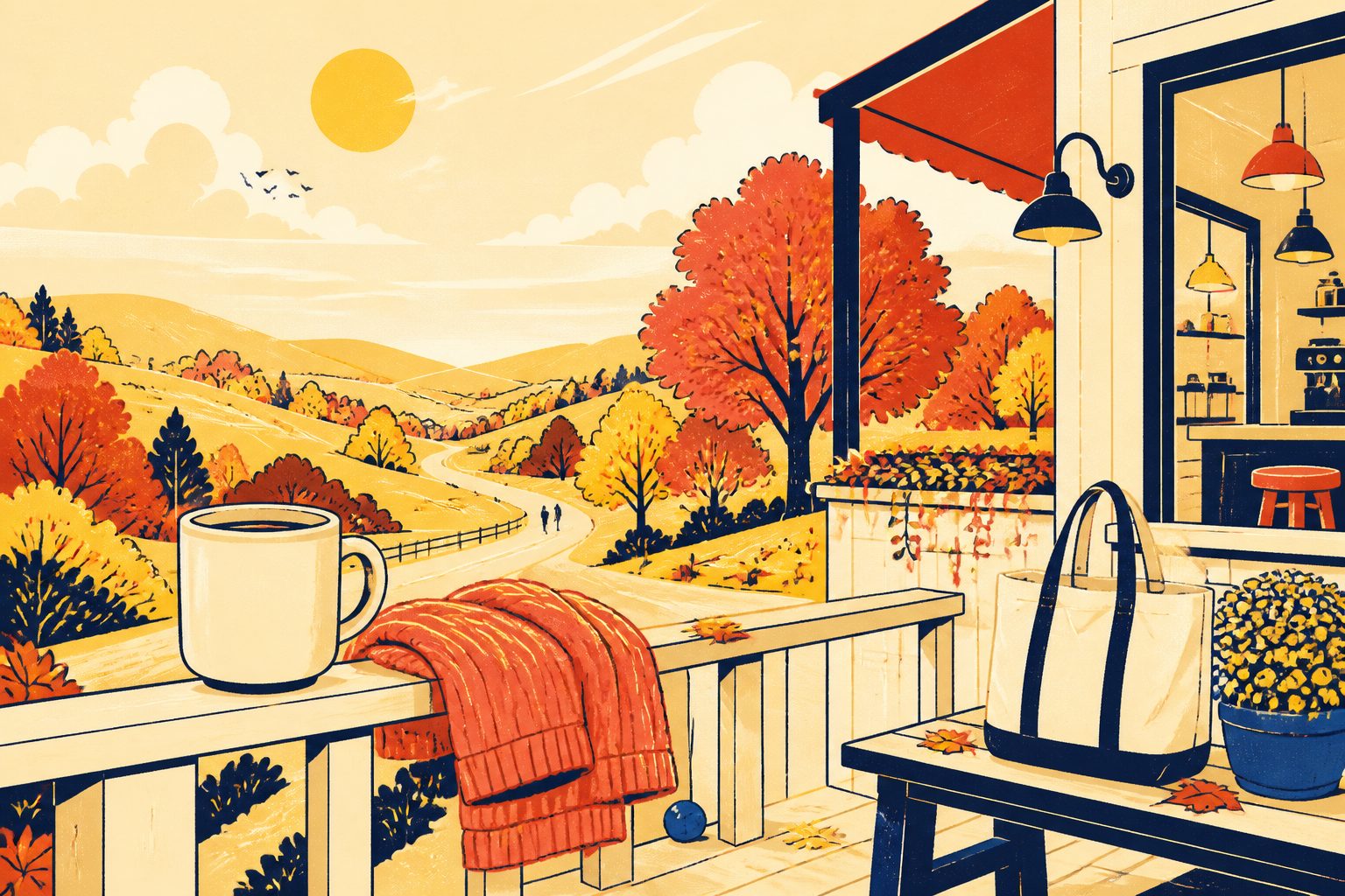 A bright morning scene on warm cream with a coffee cup beside a folded knit sweater and a canvas tote bag.