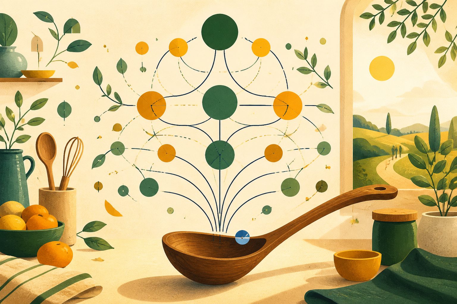 A stylized geometric network of connecting circles and flowing lines in forest green and amber on warm cream with a wooden ladle at the base