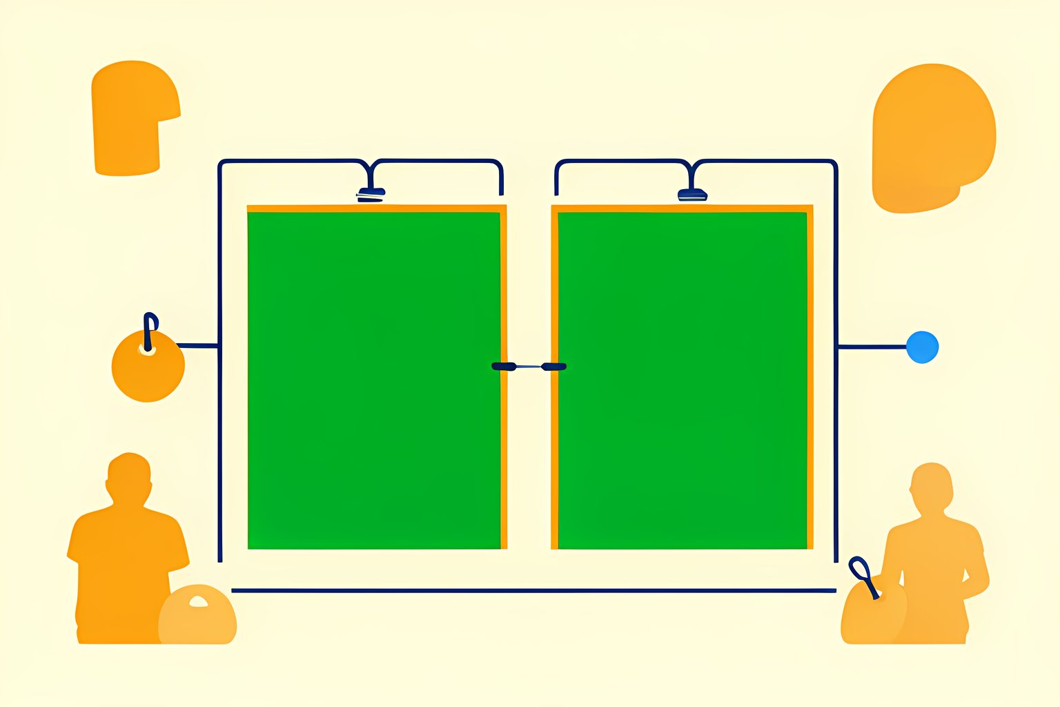 A diagram-as-art illustration on warm cream: an elegant stylized balance sheet with balanced forest-green columns and thin amber ledger lines, drawn in ink navy with one round blue dot tucked near the footer.