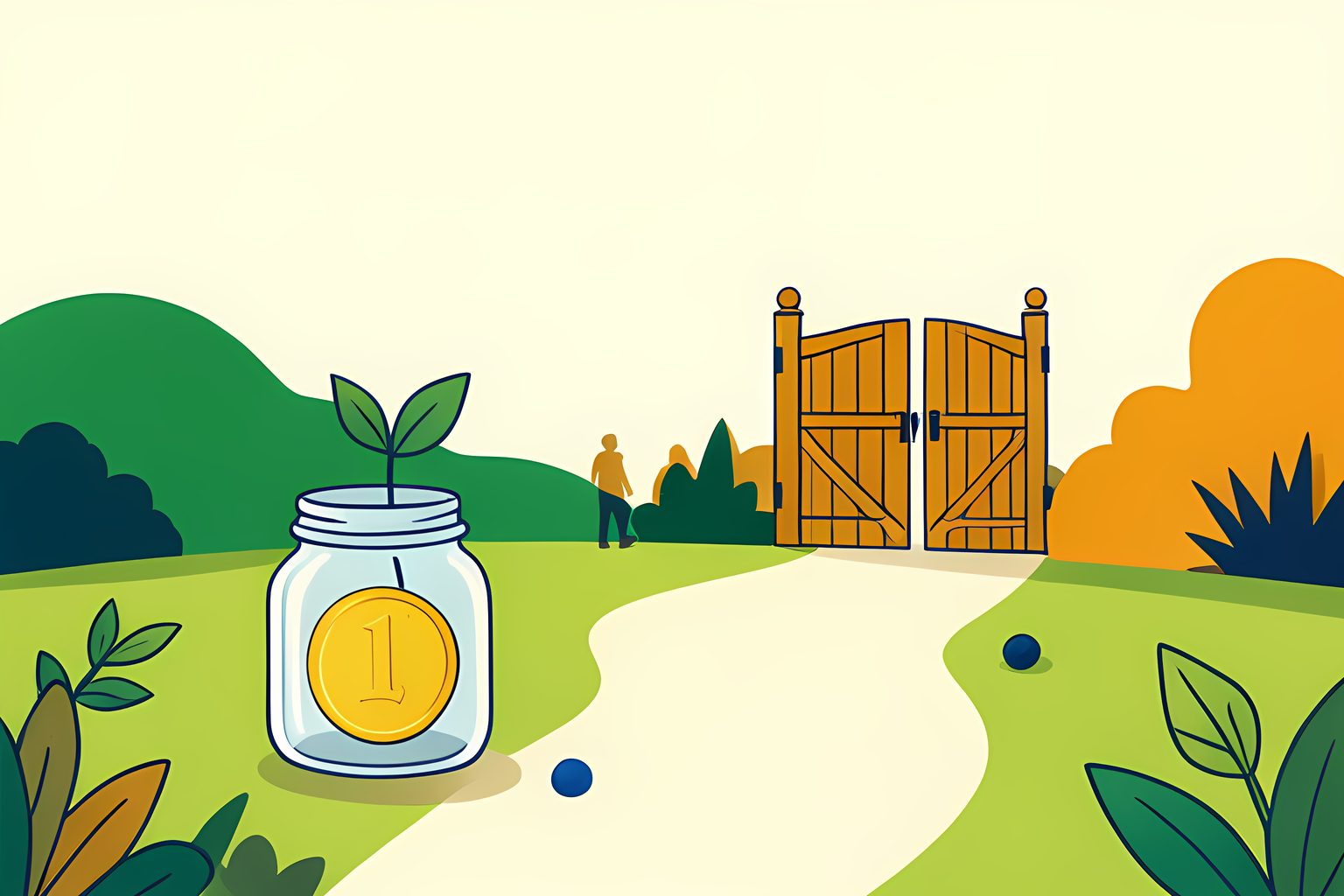 A sunny empty garden path moves from a small seedling beside a locked glass jar toward a distant open wooden gate, with a tiny blue dot near the path.