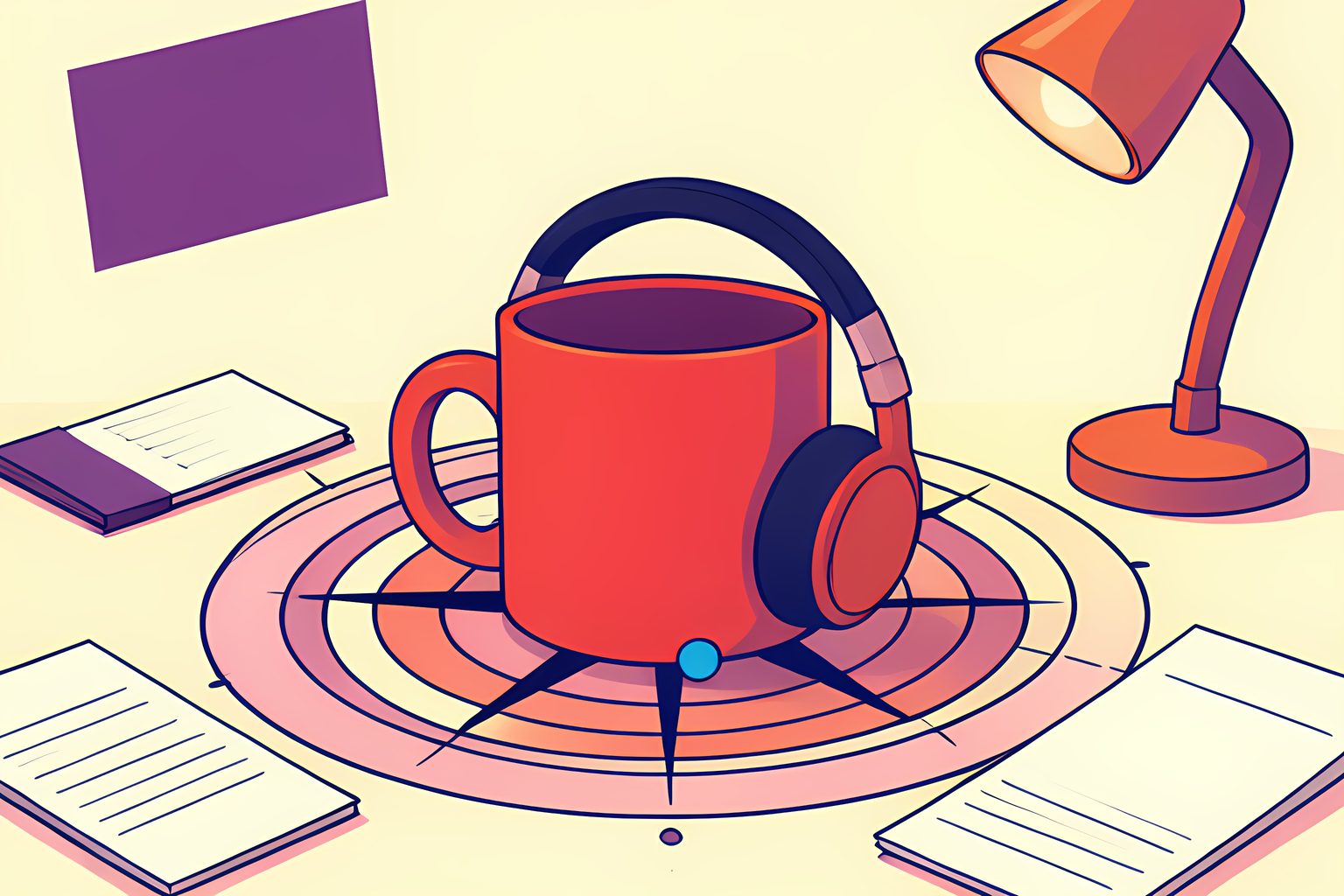 Stylized vector illustration of an open newsroom desk with an oversized mug, headphones, and a circular studio zone radius map on a warm cream background.