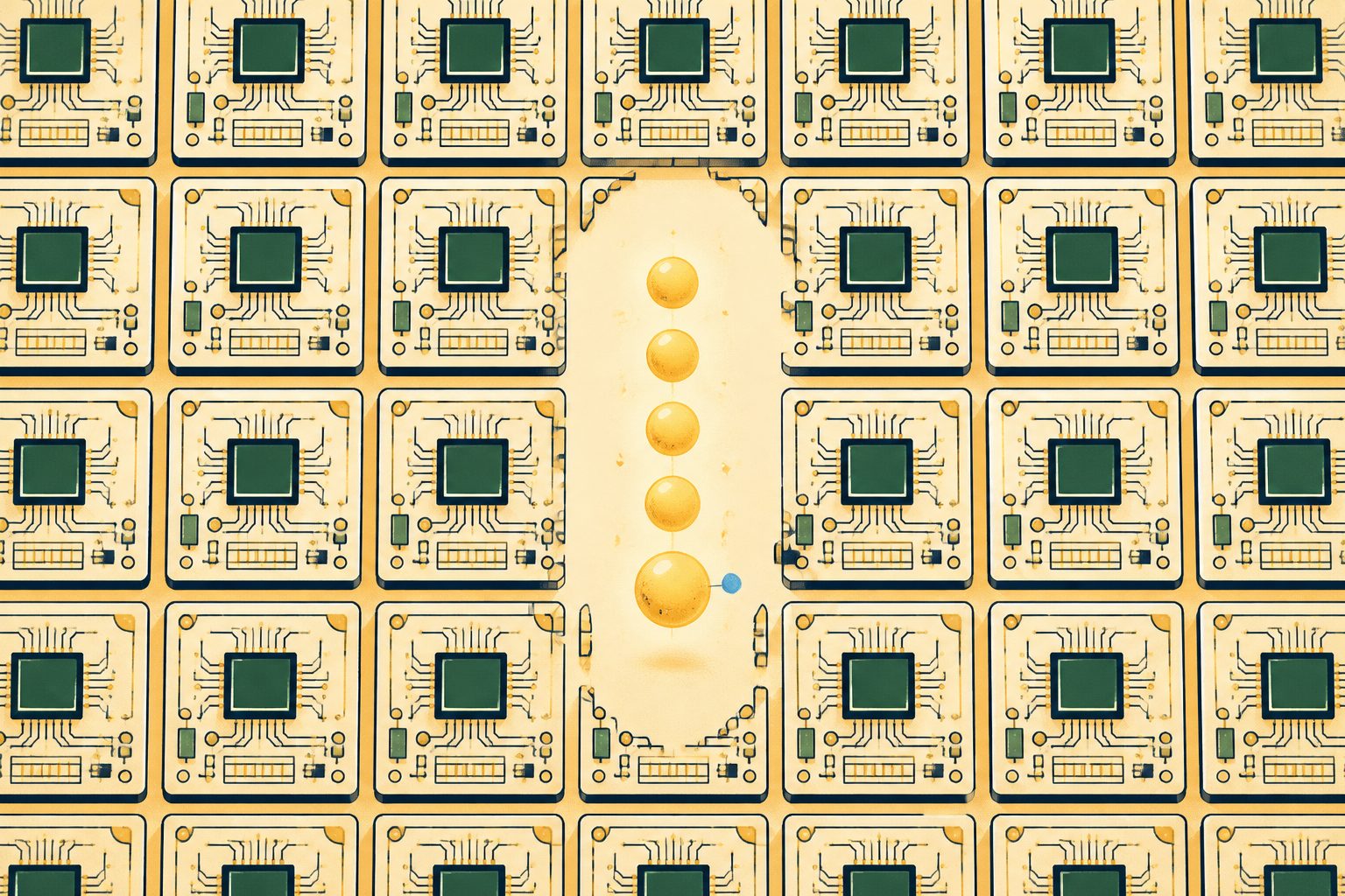 Stylized flat vector illustration contrasting a glowing linear chain of isolated ions on one side with a geometric patterned circuit grid on the other.