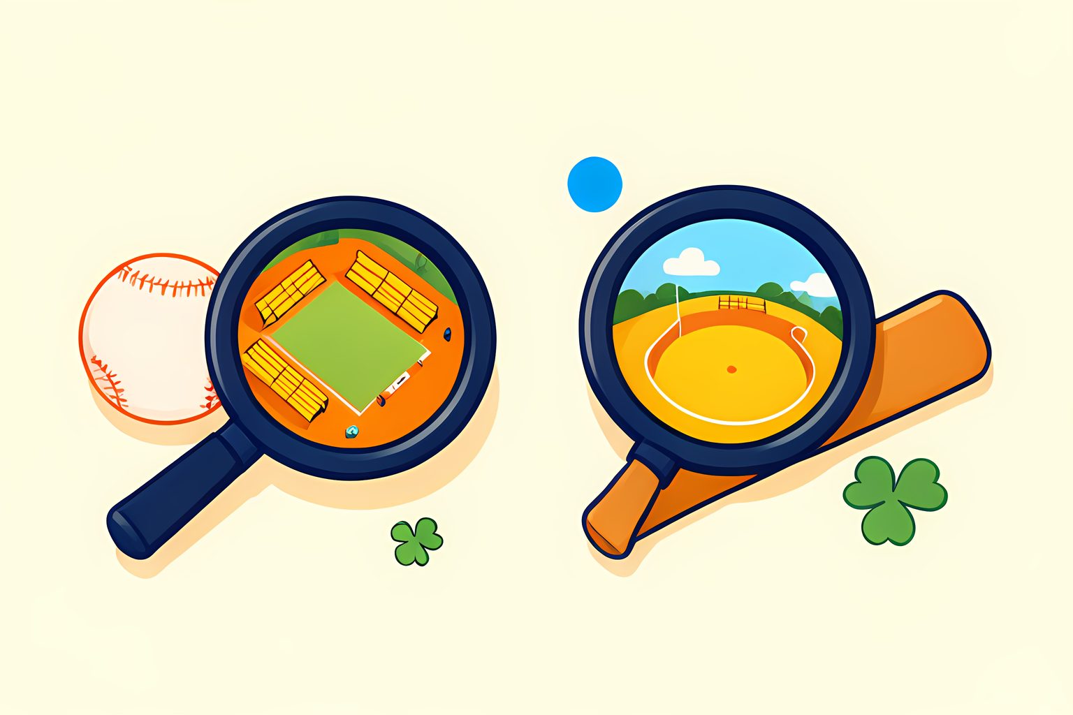 Two unmarked lenses beside a baseball and bat reveal miniature sunny ballpark shapes at different scales.