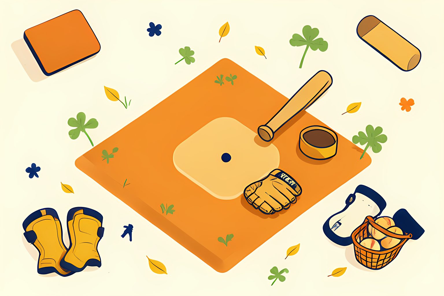 A stylized empty baseball practice field with a bat, glove and catcher’s shin guards arranged beside paths connecting the bases.