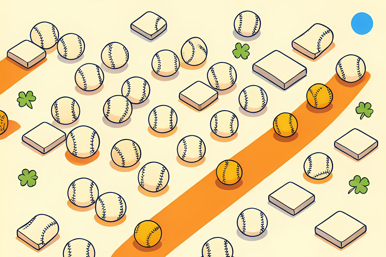 A playful pattern of baseballs beside empty base cushions, with one golden ball ahead of the repeating arrangement.