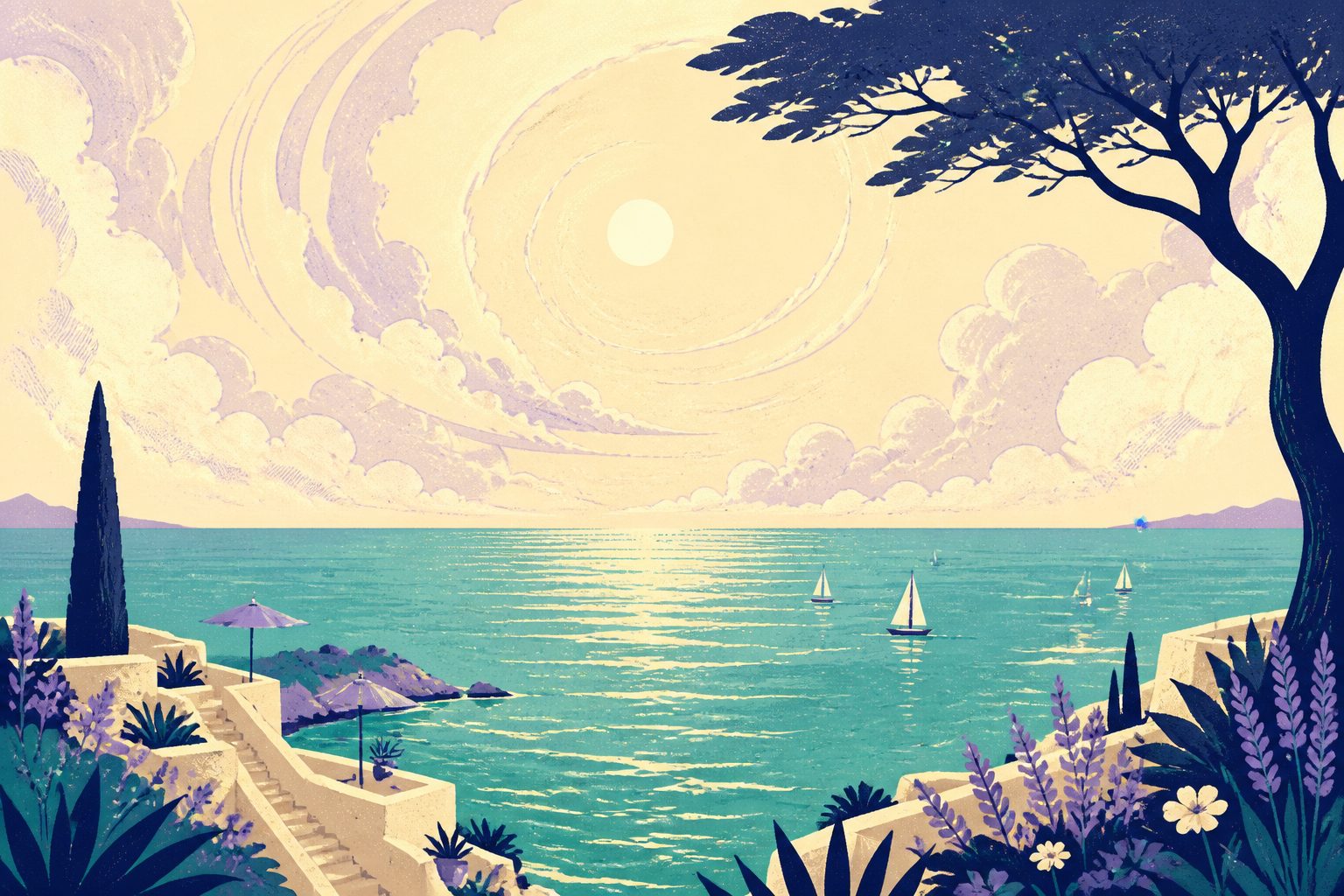 Stylized wide scene of a vast sunlit ocean beneath towering cumulus clouds swirling in a gentle circular formation under a bright sky.