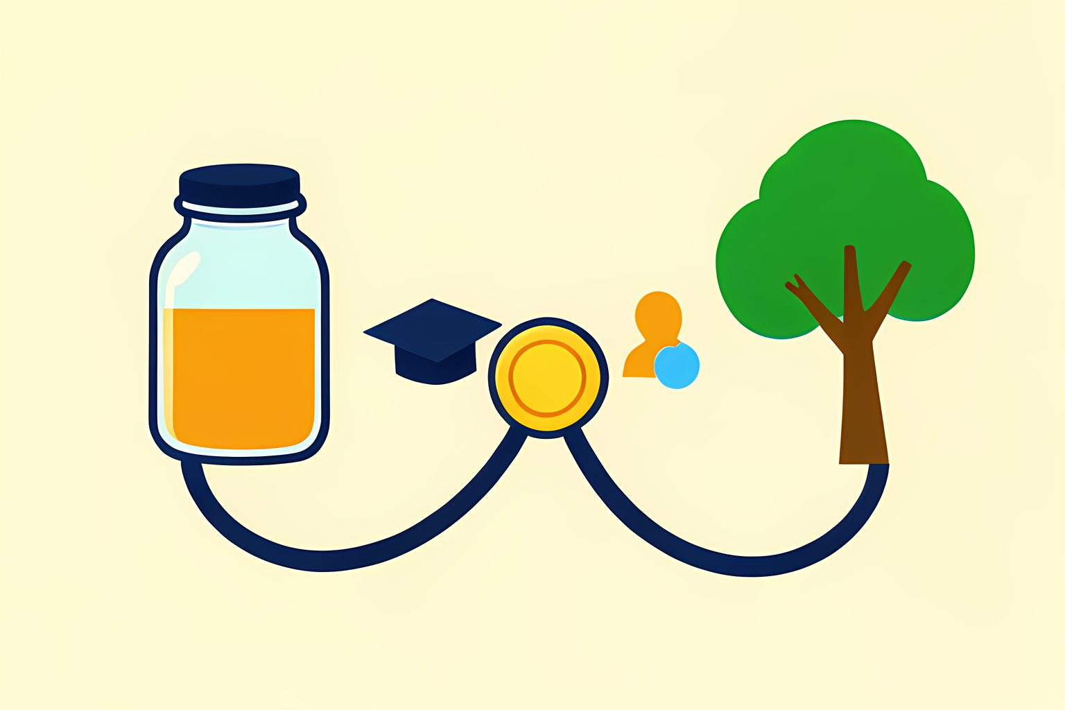 Two sunny unmarked jars sit on a wooden table, one beside a small graduation-cap shape and one beside a young tree, connected by a gentle curved line and a tiny blue dot.
