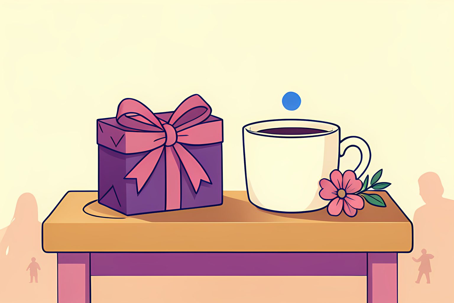 Illustration of two small wrapped parcels on a low wooden table in morning light, one tied with a ribbon and one plain, beside a single sprig of flowers