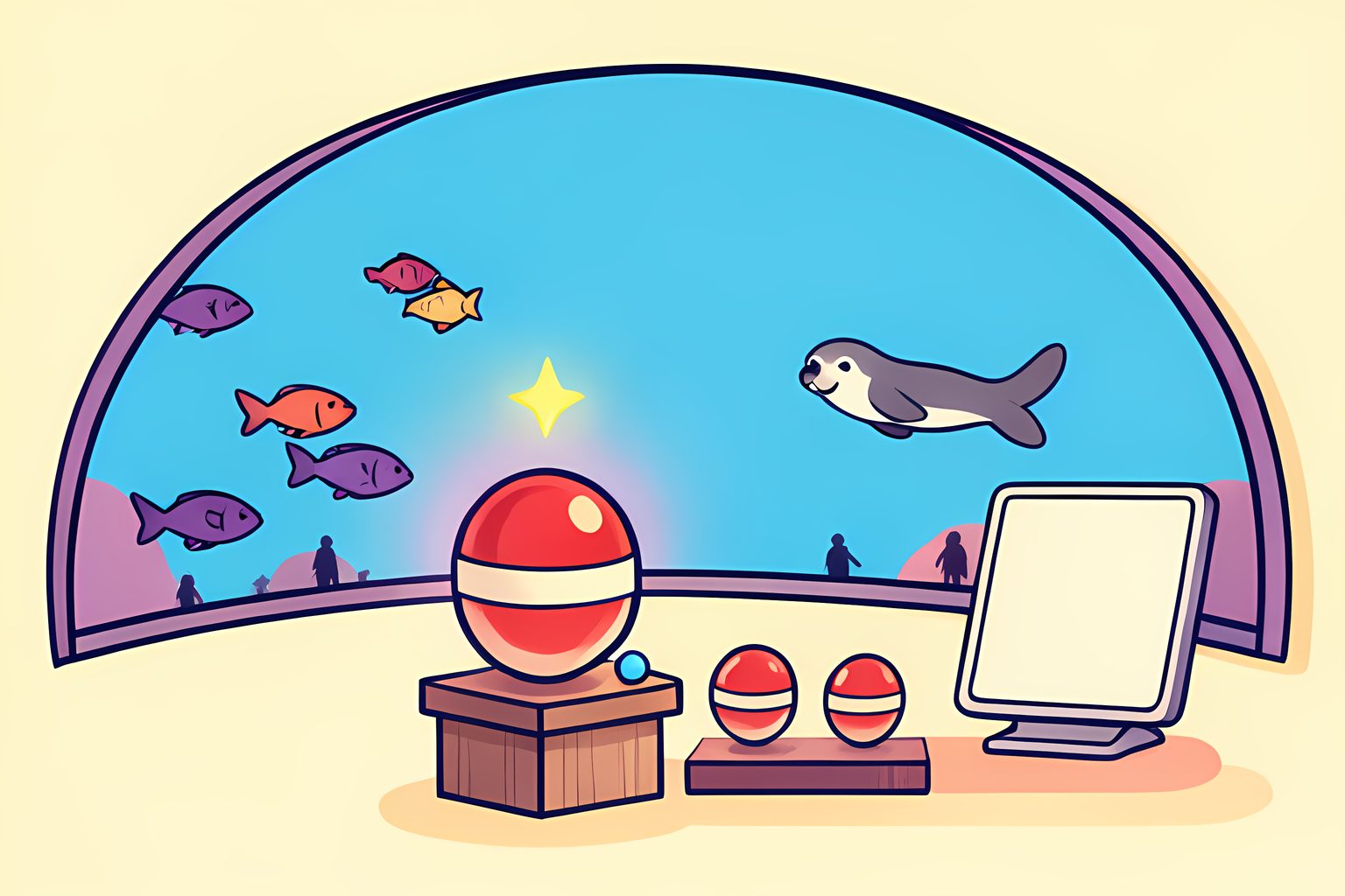 Illustration of a sunny aquarium-and-stage scene where a glowing red and white capsule rests on a small stand beside a blank screen, with three smaller capsules waiting in a line