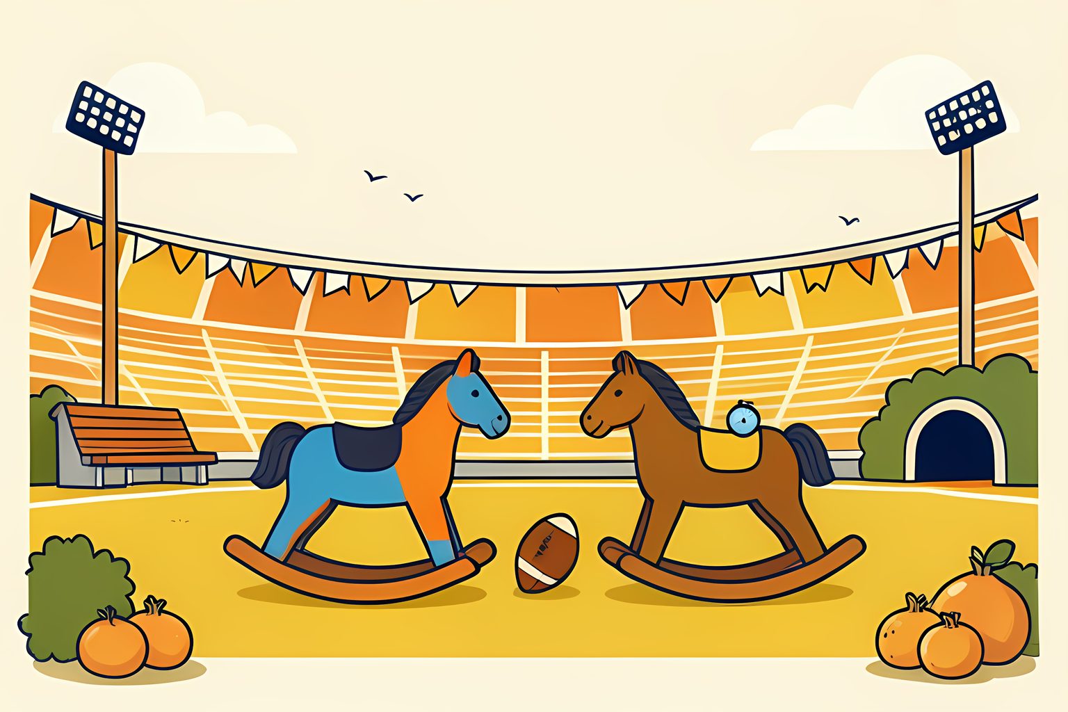 A sunny empty football stadium with two small rocking horses facing each other at midfield, one blue and one brown and gold, under a big bright sky.