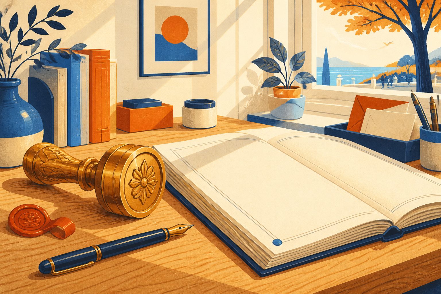 A warm stylized editorial scene of a golden brass voting seal resting beside a bound legal ledger on a sunlit oak desk.