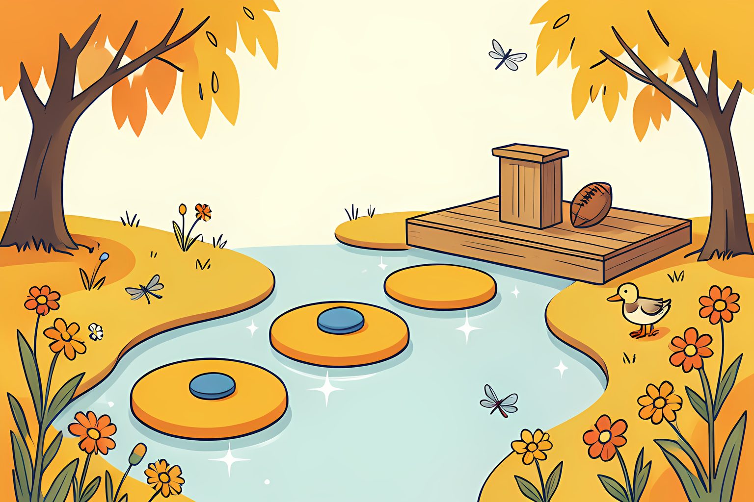 Illustration of three flat stepping stones crossing a sunny stream toward an empty wooden stage on the far bank.