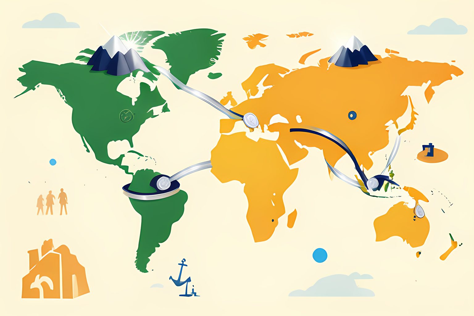 A warm, stylized map of oceans and continents with no labels, crossed by gently curving silver ribbons of light that start from two small mountain peaks in the Americas and loop outward to harbors around the world.