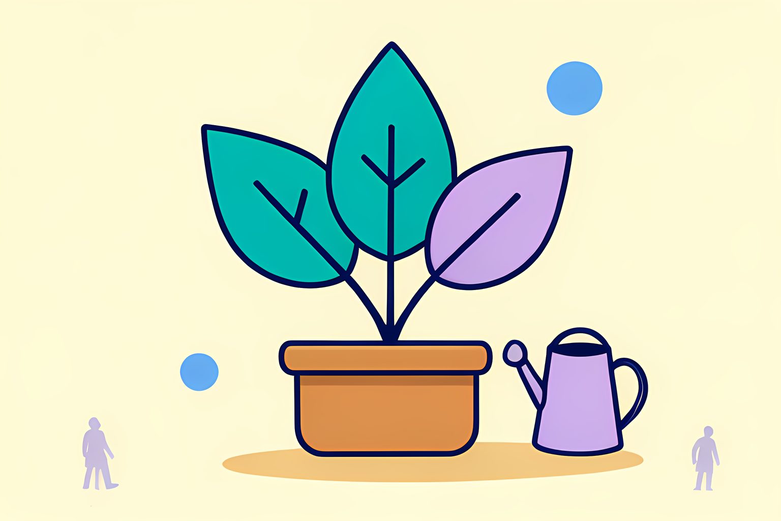 A bright stylized garden of three layered shield-shaped leaves growing from a single seed tray, with a small unmarked vial-shaped watering can and a tiny blue dot, no people or text.