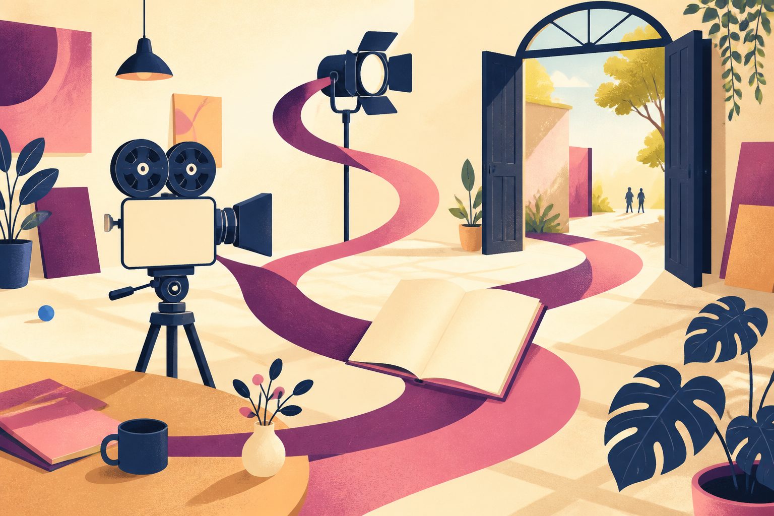 A text-free arrangement of a film camera, stage light and open doorway connected by plum and pink ribbons.