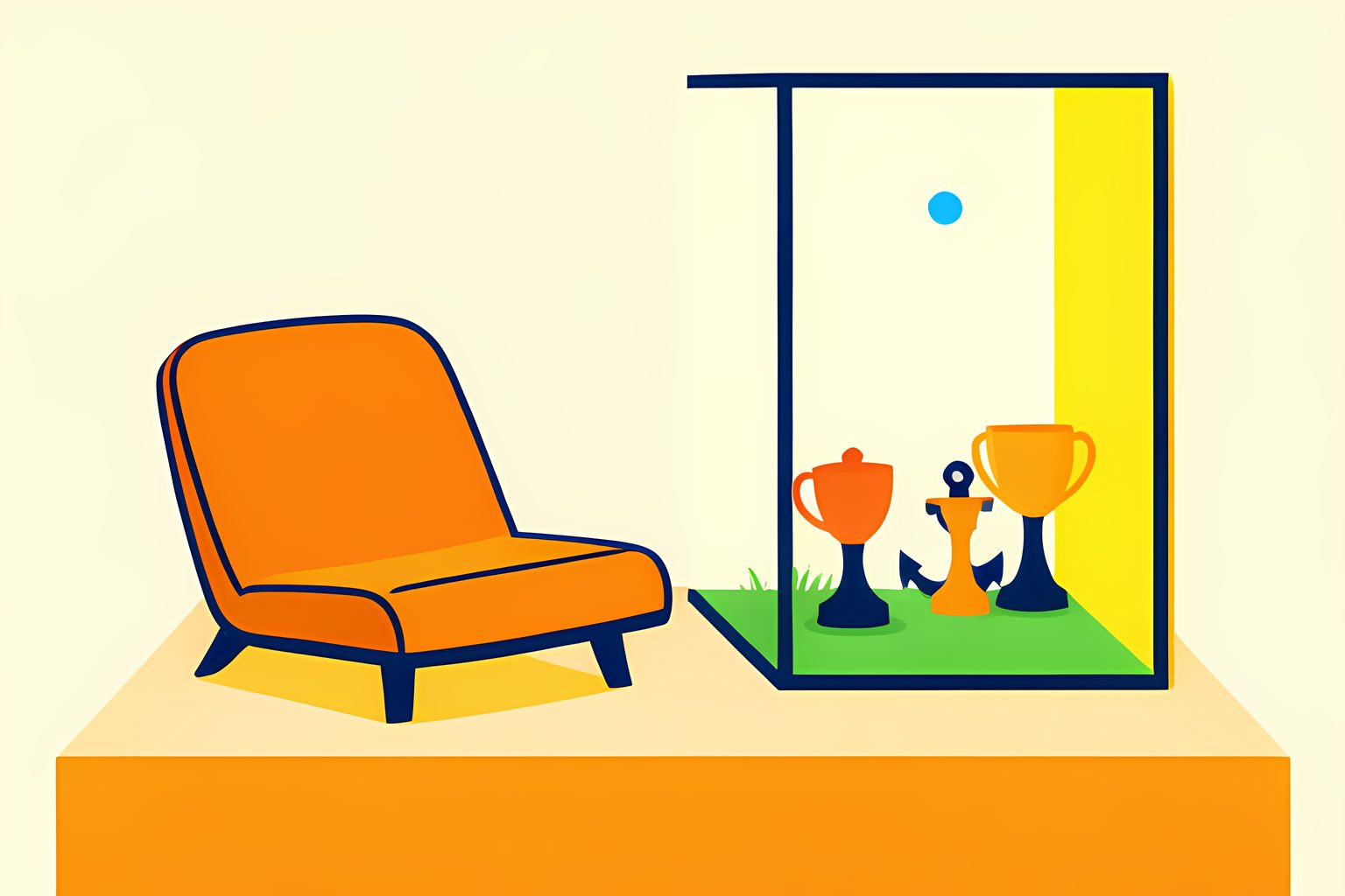 A warm, text-free still life of an empty vintage stadium seat beside a small glass display case holding blank trophy shapes, green grass in the background, a tiny blue dot, and no people or logos.