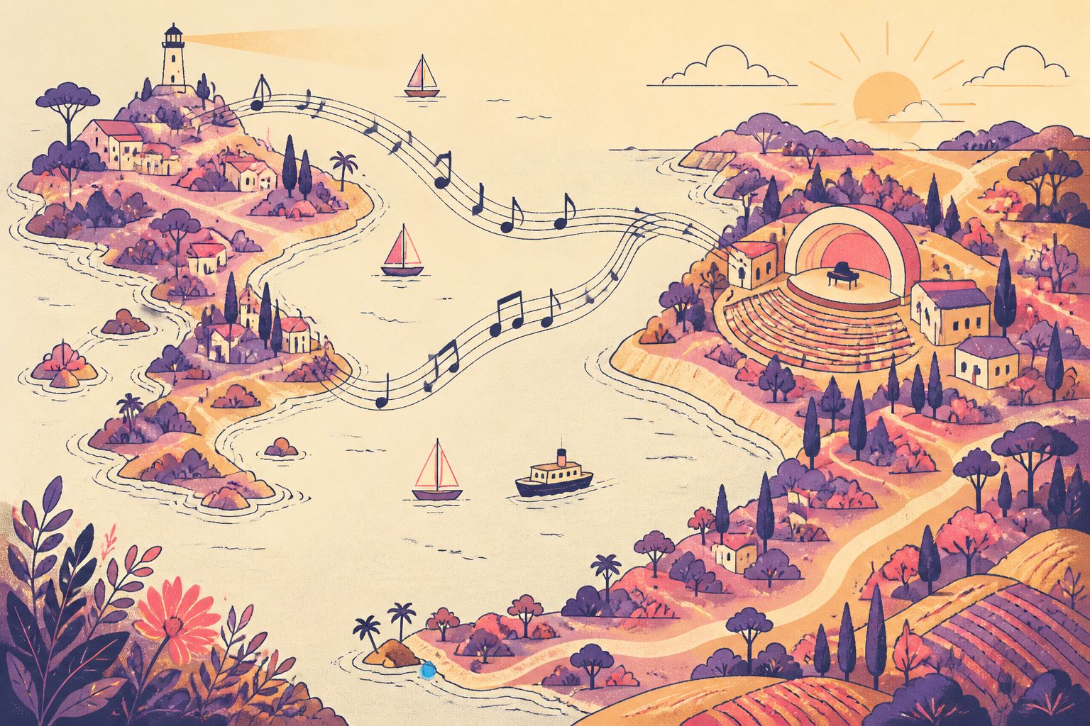 A stylized illustrative map showing musical soundwaves traveling across land and sea on warm cream background