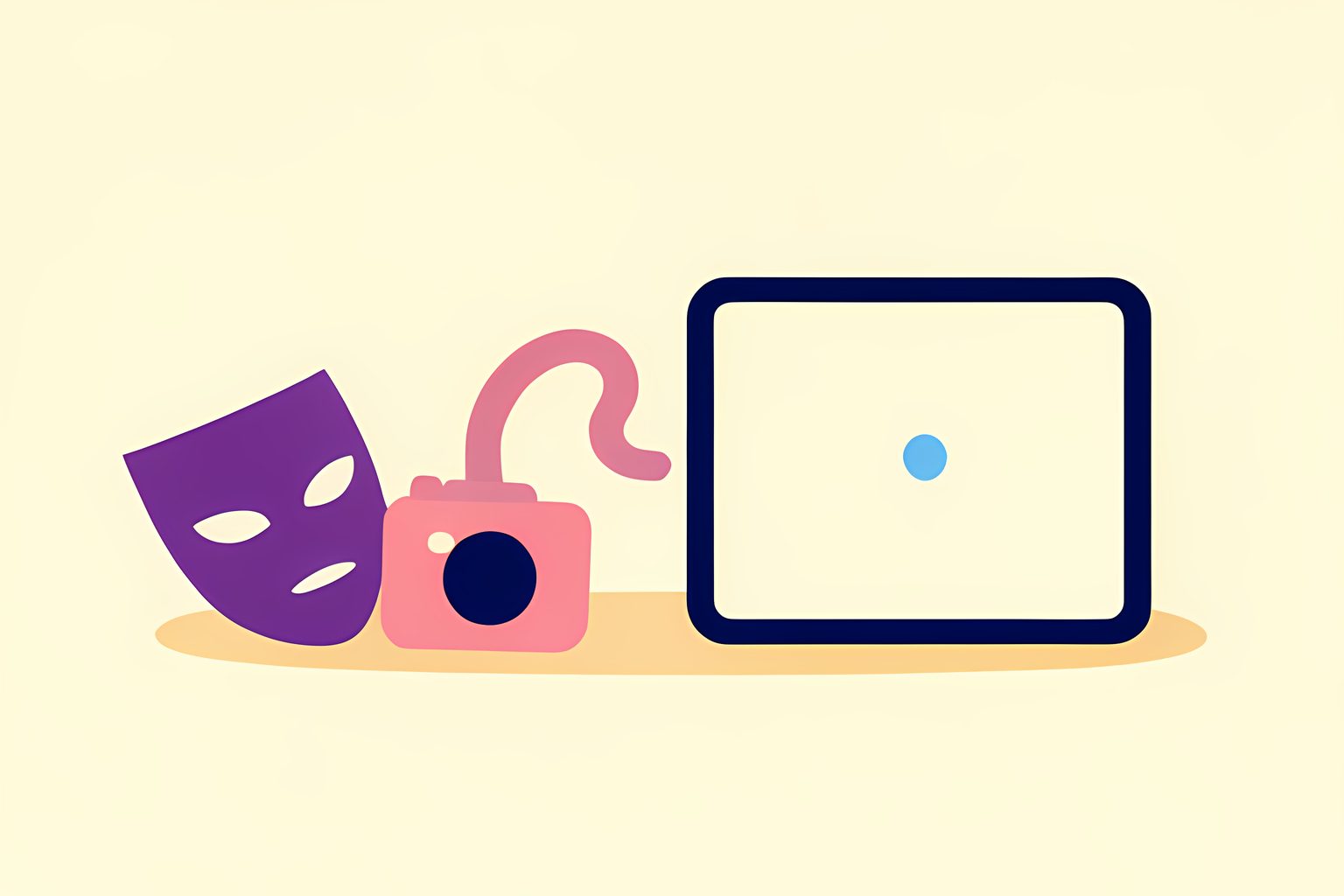 A sunny, text-free and person-free visual metaphor of two blank theater masks resting beside a small generic camera rig, one plum sound wave and one dusk-pink movement path curving toward the same unmarked game-screen shape.