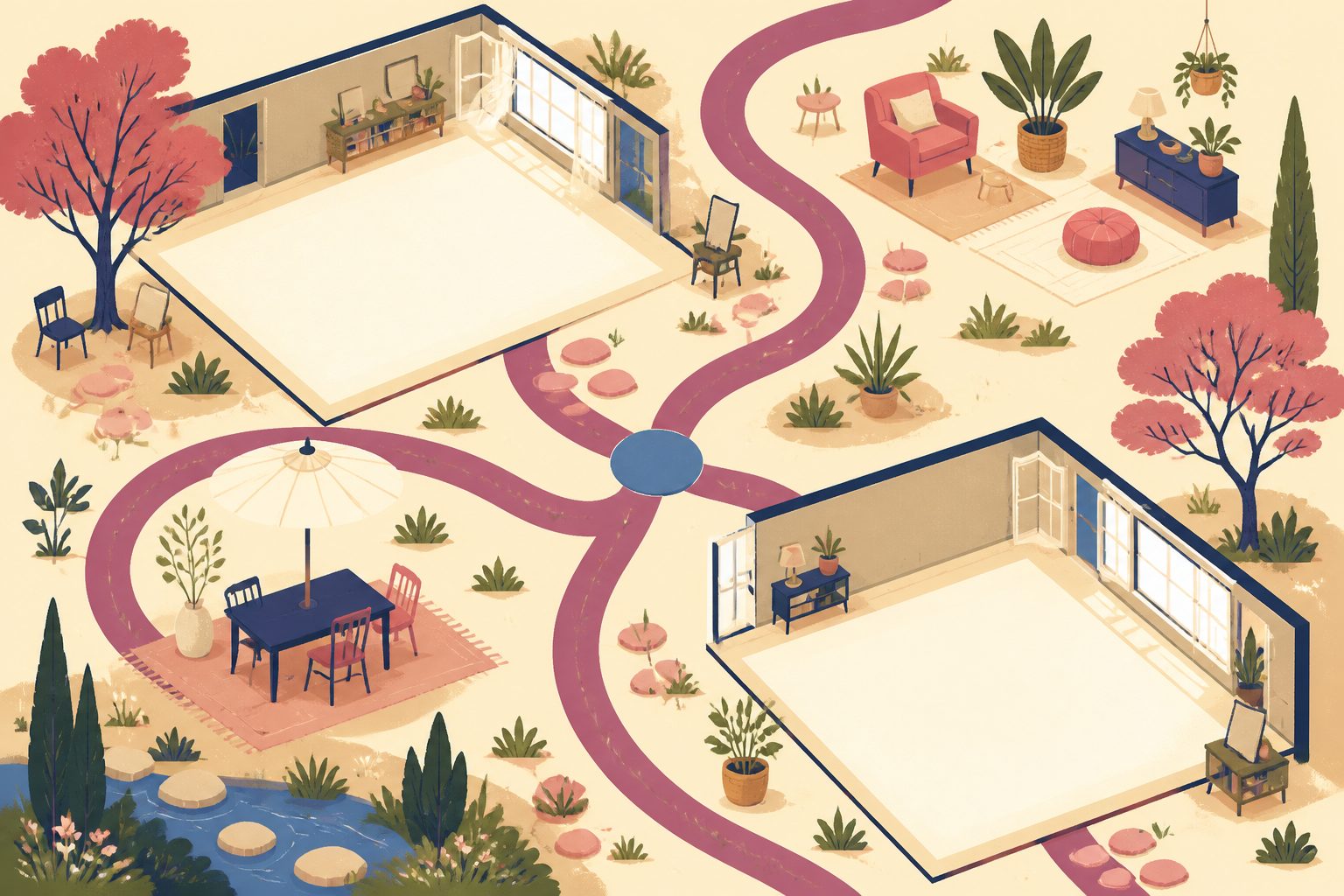 A text-free warm illustrated map with two blank magazine-shaped tiles connected by a plum-purple ribbon and a small blue dot.